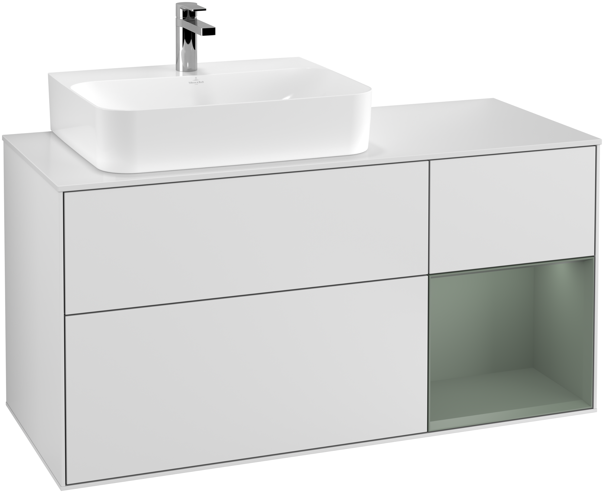 Villeroy & Boch Finion Vanity unit, with lighting, 3 pull-out compartments, 1200x603x501mm, Body: White Matt Lacquer, Front: White Matt Lacquer, Shelf: Olive Matt Lacquer, Cover plate: Glass White Matt