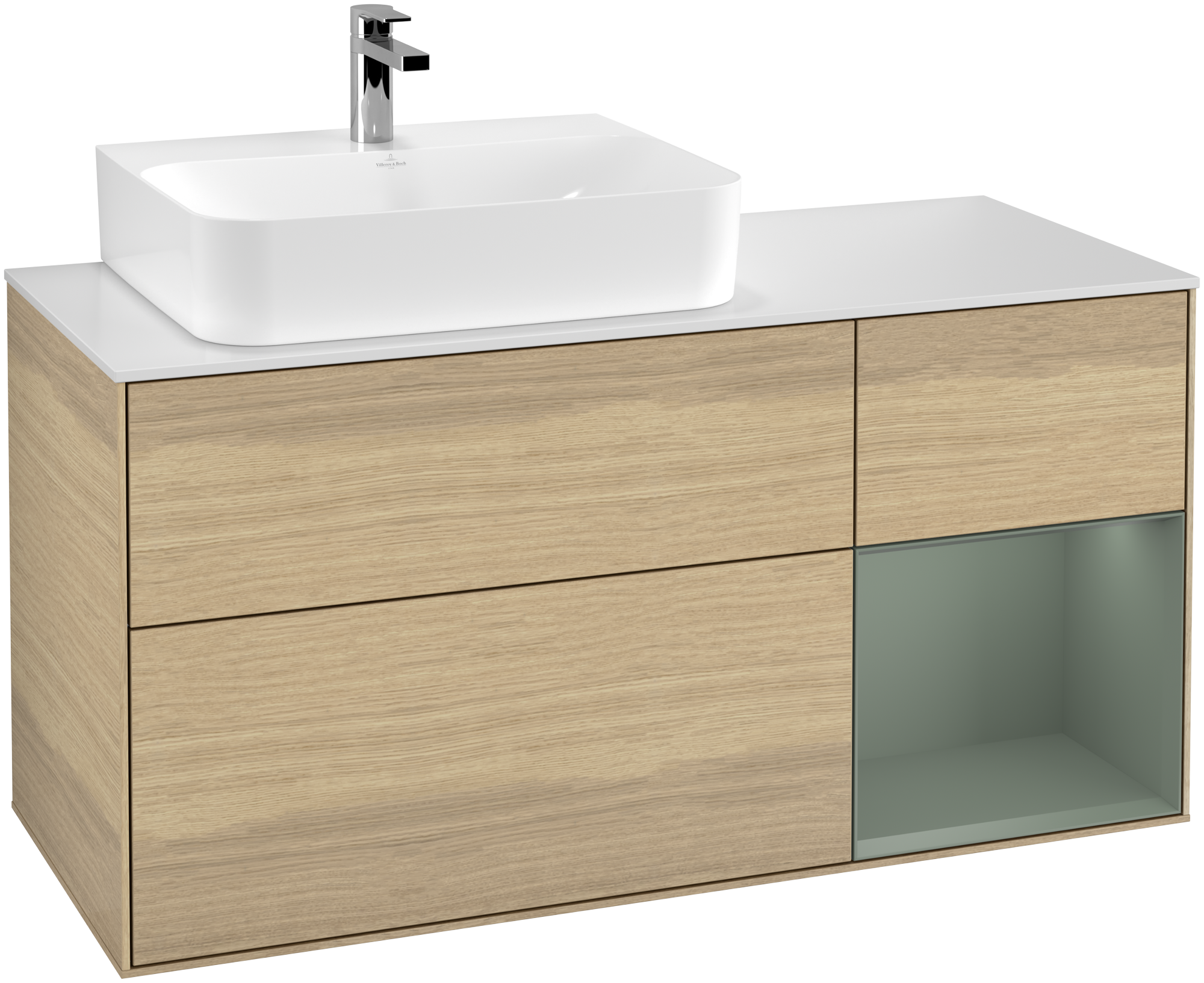 Villeroy & Boch Finion Vanity unit, with lighting, 3 pull-out compartments, 1200x603x501mm, Body: Oak Veneer, Front: Oak Veneer, Shelf: Olive Matt Lacquer, Cover plate: Glass White Matt