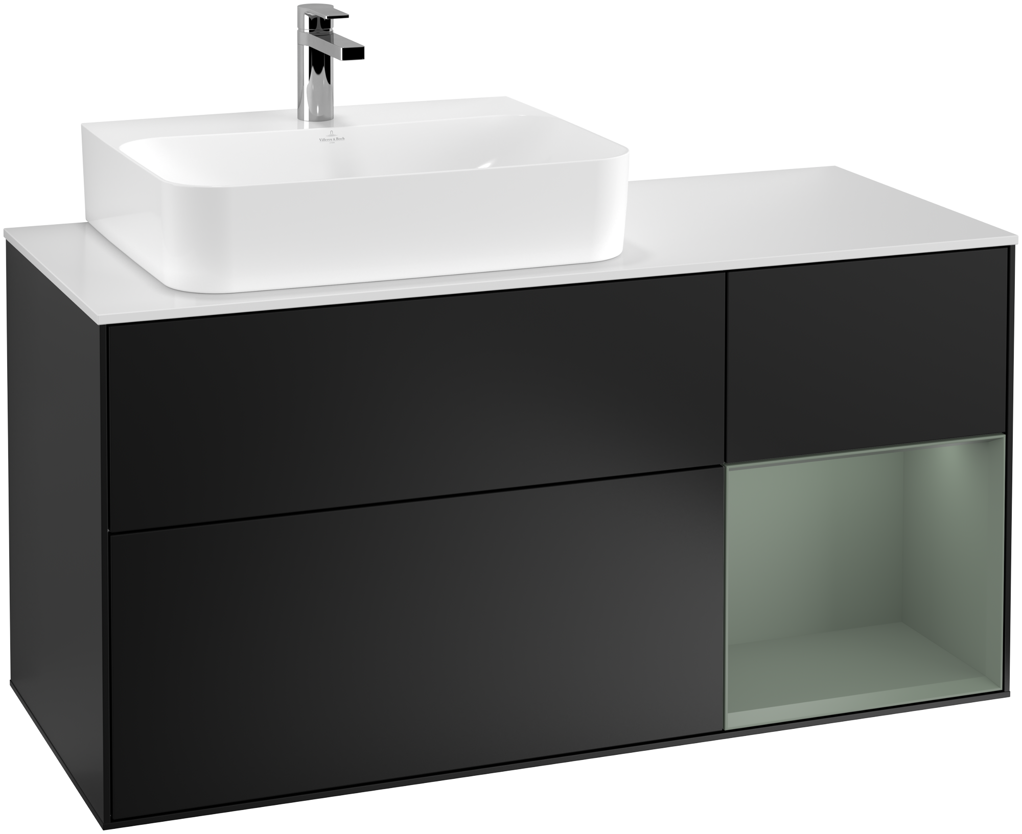 Villeroy & Boch Finion Vanity unit, with lighting, 3 pull-out compartments, 1200x603x501mm, Body: Black Matt Lacquer, Front: Black Matt Lacquer, Shelf: Olive Matt Lacquer, Cover plate: Glass White Matt