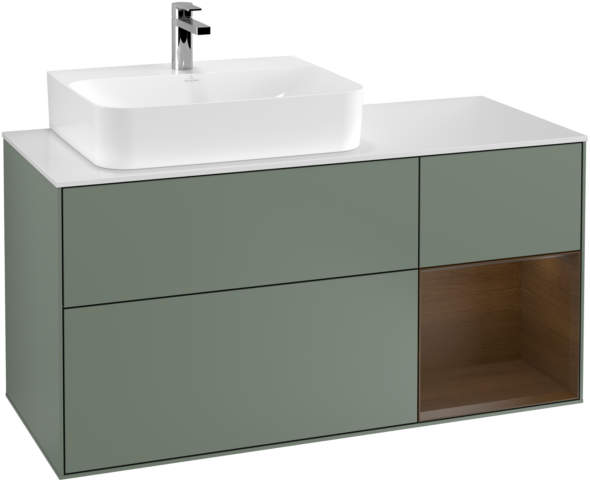 Villeroy & Boch Finion Vanity unit, with lighting, 3 pull-out compartments, 1200x603x501mm, Body: Olive Matt Lacquer, Front: Olive Matt Lacquer, Shelf: Walnut Veneer, Cover plate: Glass White Matt