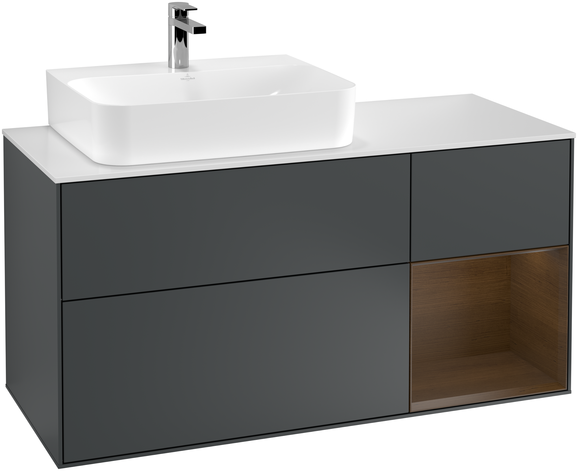 Villeroy & Boch Finion Vanity unit, with lighting, 3 pull-out compartments, 1200x603x501mm, Body: Midnight Blue Matt Lacquer, Front: Midnight Blue Matt Lacquer, Shelf: Walnut Veneer, Cover plate: Glass White Matt