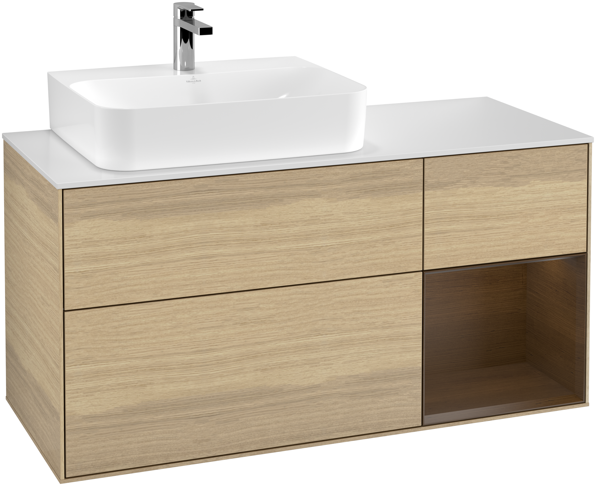 Villeroy & Boch Finion Vanity unit, with lighting, 3 pull-out compartments, 1200x603x501mm, Body: Oak Veneer, Front: Oak Veneer, Shelf: Walnut Veneer, Cover plate: Glass White Matt