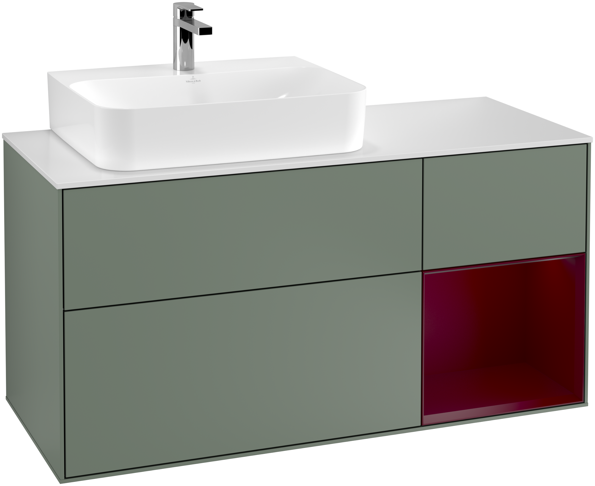 Villeroy & Boch Finion Vanity unit, with lighting, 3 pull-out compartments, 1200x603x501mm, Body: Olive Matt Lacquer, Front: Olive Matt Lacquer, Shelf: Peony Matt Lacquer, Cover plate: Glass White Matt