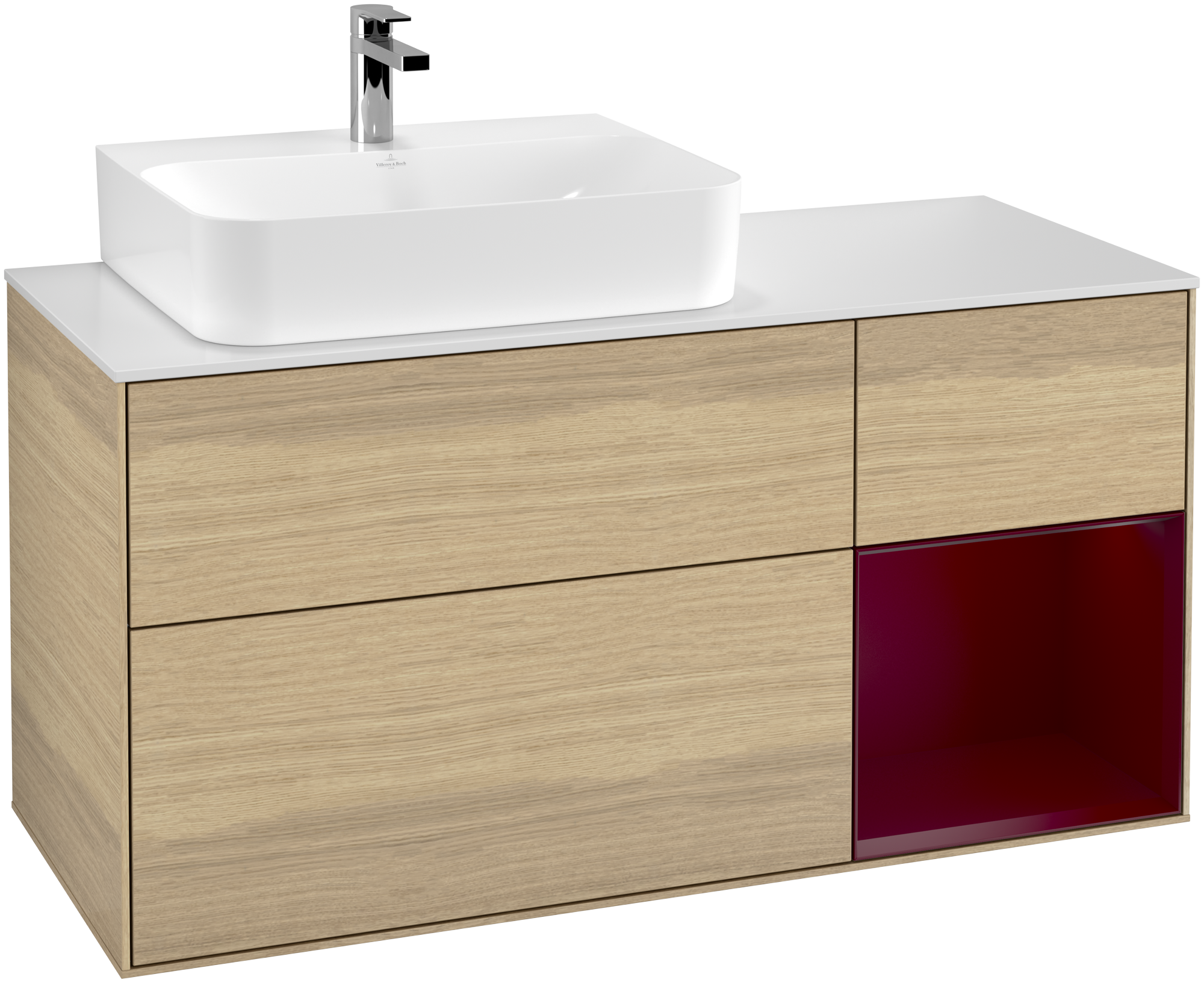Villeroy & Boch Finion Vanity unit, with lighting, 3 pull-out compartments, 1200x603x501mm, Body: Oak Veneer, Front: Oak Veneer, Shelf: Peony Matt Lacquer, Cover plate: Glass White Matt