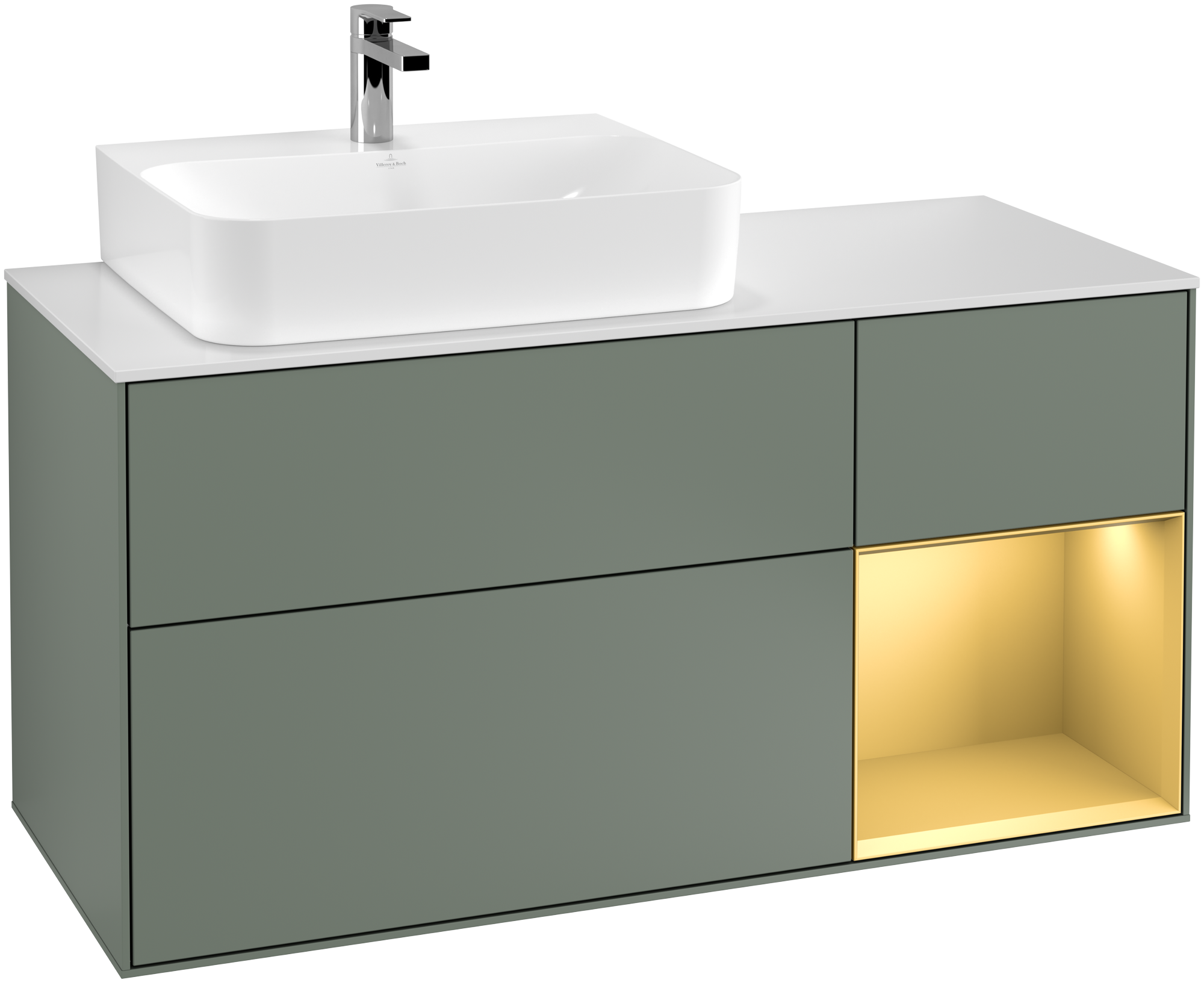 Villeroy & Boch Finion Vanity unit, with lighting, 3 pull-out compartments, 1200x603x501mm, Body: Olive Matt Lacquer, Front: Olive Matt Lacquer, Shelf: Gold Matt Lacquer, Cover plate: Glass White Matt