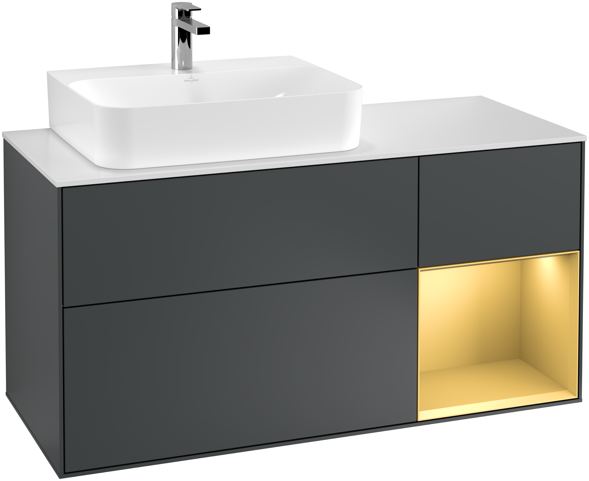 Villeroy & Boch Finion Vanity unit, with lighting, 3 pull-out compartments, 1200x603x501mm, Body: Midnight Blue Matt Lacquer, Front: Midnight Blue Matt Lacquer, Shelf: Gold Matt Lacquer, Cover plate: Glass White Matt