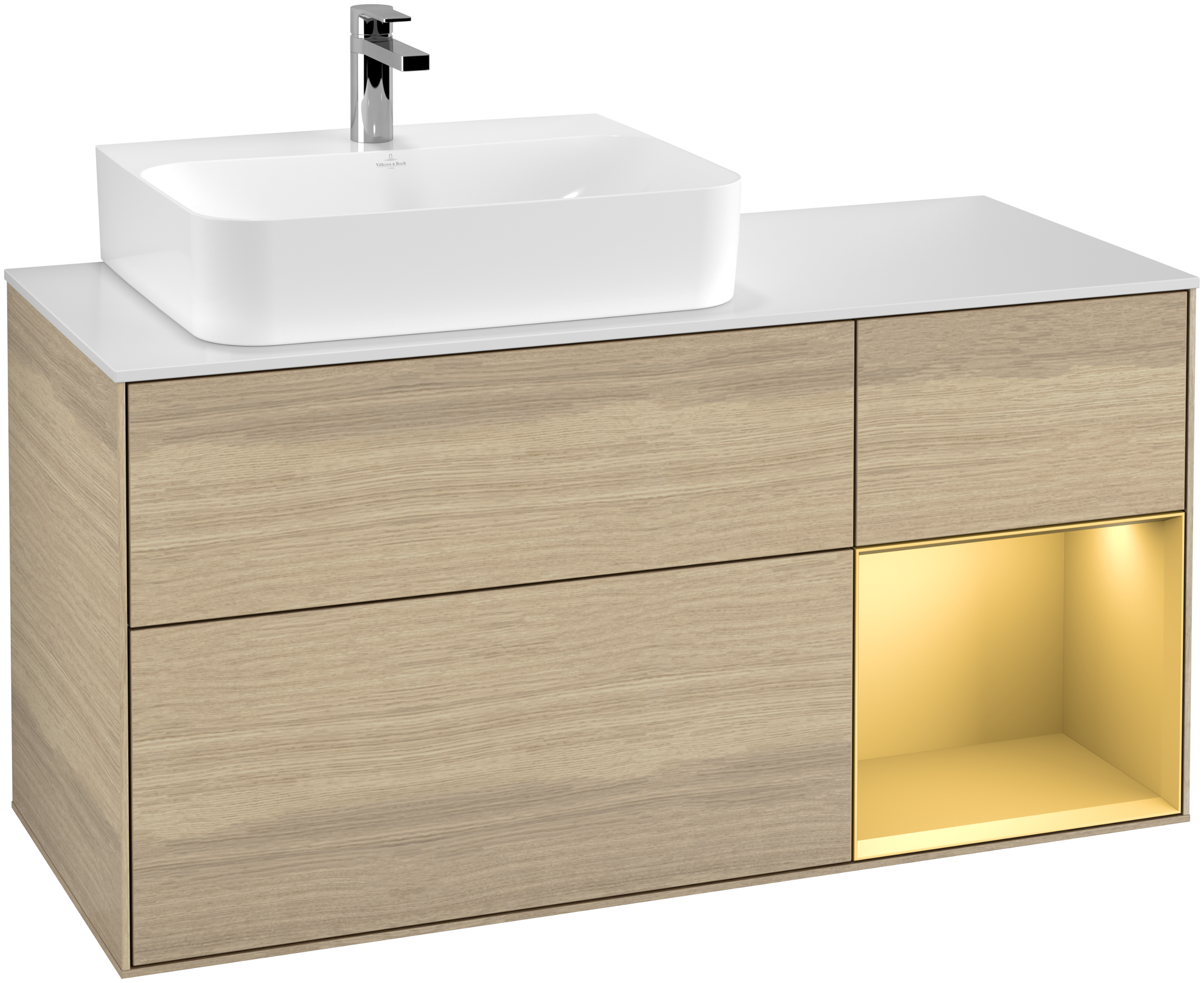 Villeroy & Boch Finion Vanity unit, with lighting, 3 pull-out compartments, 1200x603x501mm, Body: Oak Veneer, Front: Oak Veneer, Shelf: Gold Matt Lacquer, Cover plate: Glass White Matt