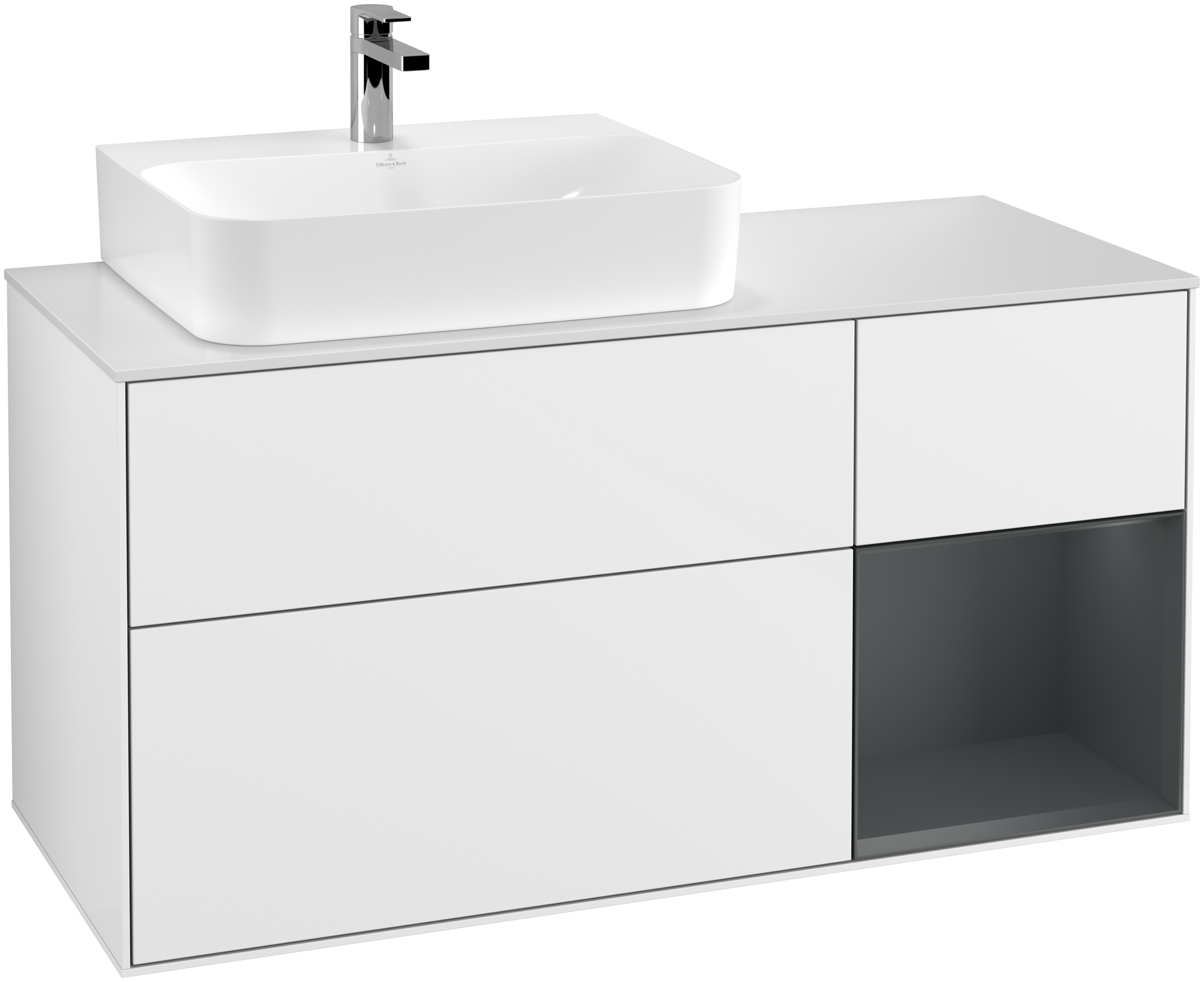 Villeroy & Boch Finion Vanity unit, with lighting, 3 pull-out compartments, 1200x603x501mm, Body: Glossy White Lacquer, Front: Glossy White Lacquer, Shelf: Midnight Blue Matt Lacquer, Cover plate: Glass White Matt