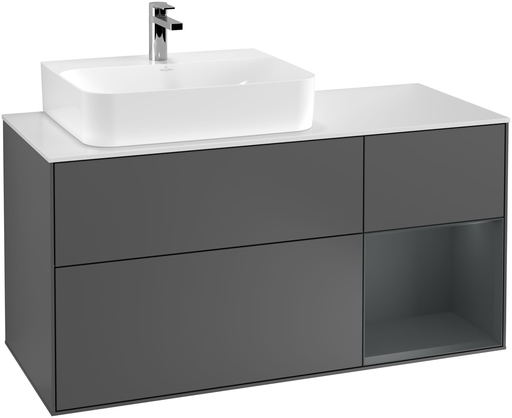 Villeroy & Boch Finion Vanity unit, with lighting, 3 pull-out compartments, 1200x603x501mm, Body: Anthracite Matt Lacquer, Front: Anthracite Matt Lacquer, Shelf: Midnight Blue Matt Lacquer, Cover plate: Glass White Matt