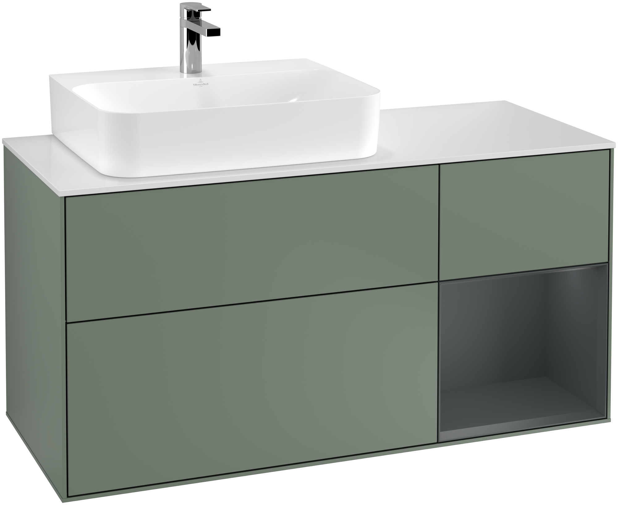 Villeroy & Boch Finion Vanity unit, with lighting, 3 pull-out compartments, 1200x603x501mm, Body: Olive Matt Lacquer, Front: Olive Matt Lacquer, Shelf: Midnight Blue Matt Lacquer, Cover plate: Glass White Matt