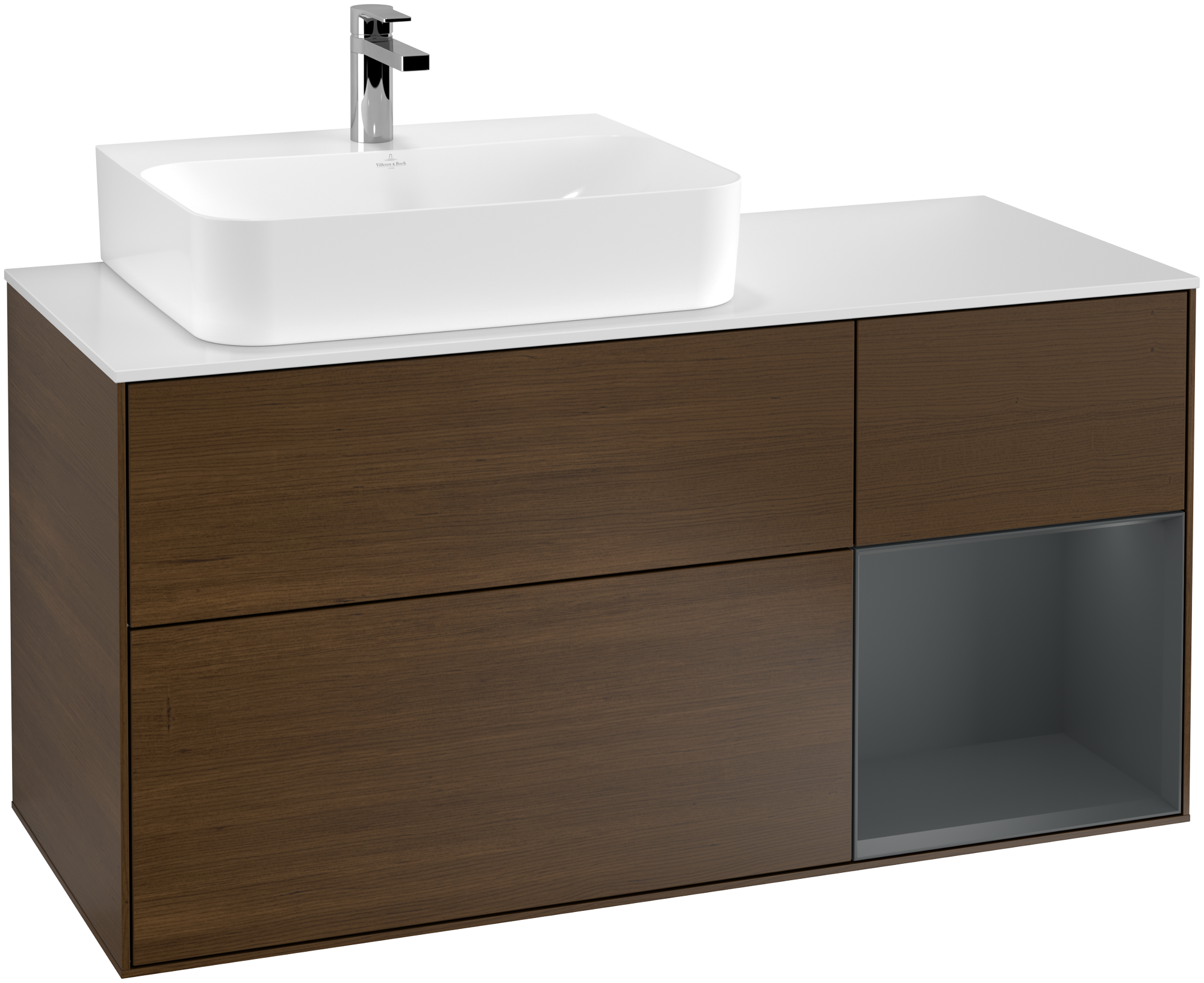 Villeroy & Boch Finion Vanity unit, with lighting, 3 pull-out compartments, 1200x603x501mm, Body: Walnut Veneer, Front: Walnut Veneer, Shelf: Midnight Blue Matt Lacquer, Cover plate: Glass White Matt