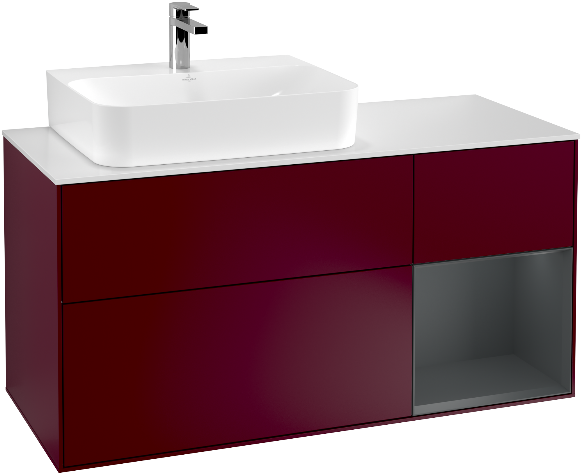 Villeroy & Boch Finion Vanity unit, with lighting, 3 pull-out compartments, 1200x603x501mm, Body: Peony Matt Lacquer, Front: Peony Matt Lacquer, Shelf: Midnight Blue Matt Lacquer, Cover plate: Glass White Matt