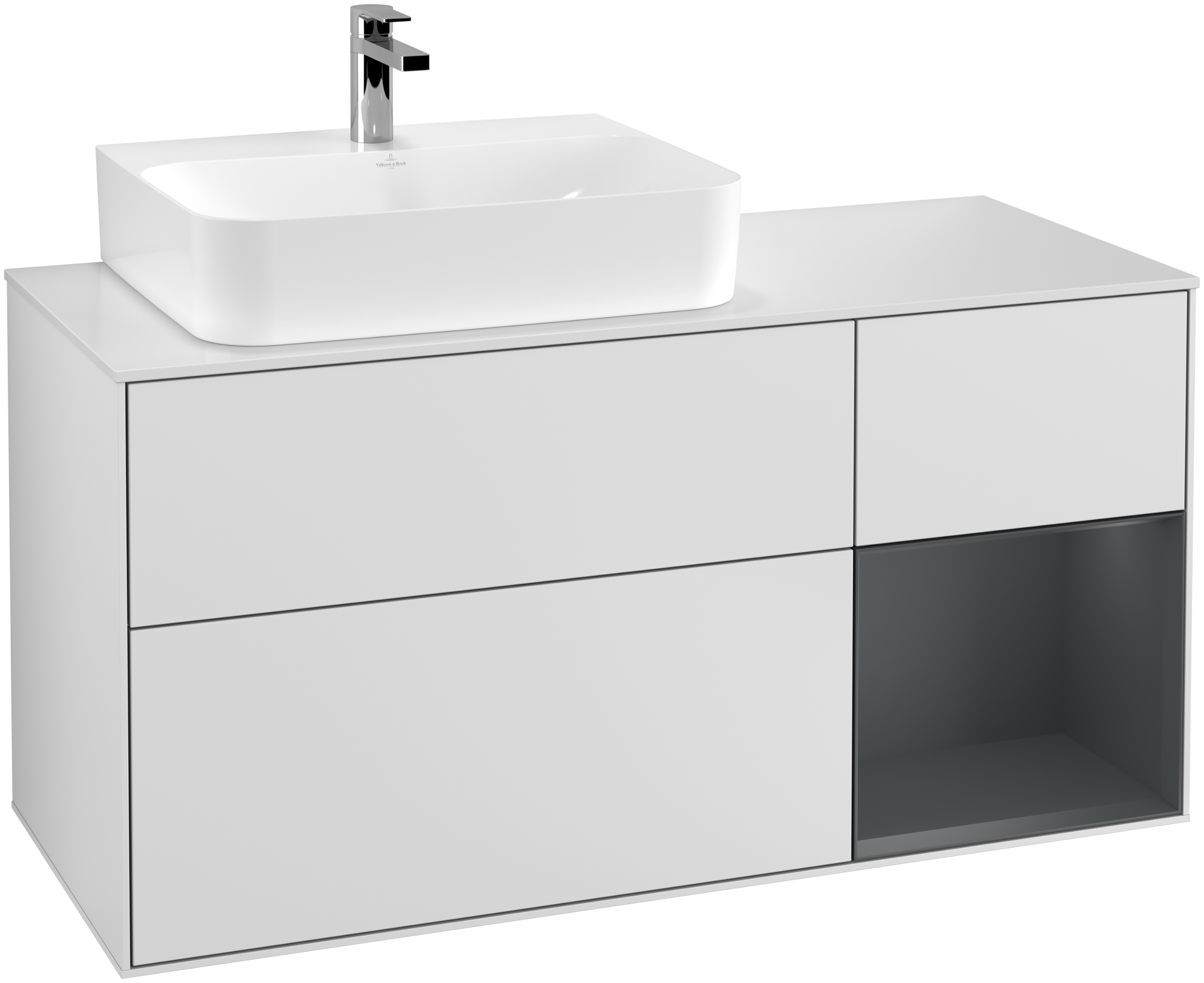 Villeroy & Boch Finion Vanity unit, with lighting, 3 pull-out compartments, 1200x603x501mm, Body: White Matt Lacquer, Front: White Matt Lacquer, Shelf: Midnight Blue Matt Lacquer, Cover plate: Glass White Matt