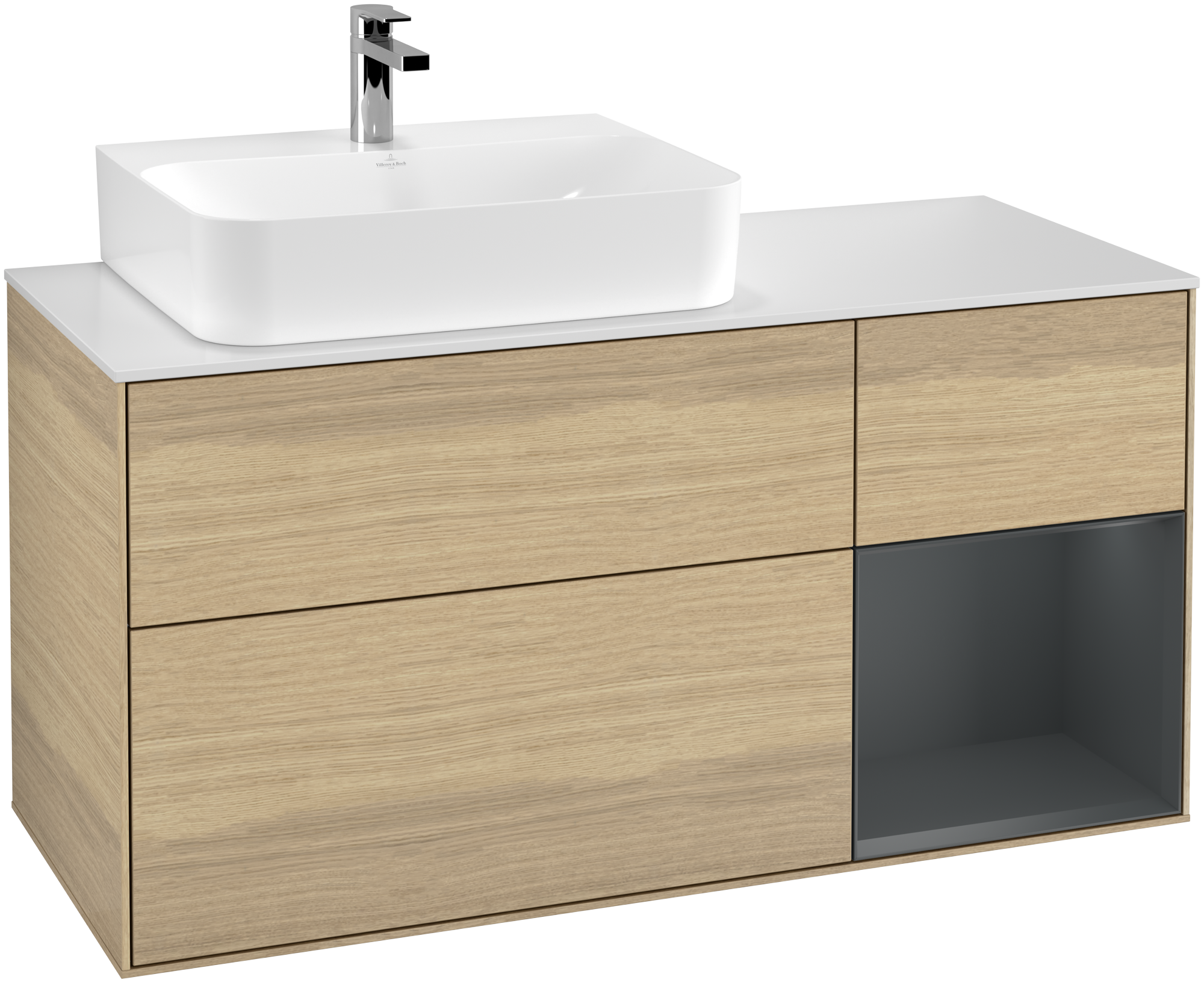 Villeroy & Boch Finion Vanity unit, with lighting, 3 pull-out compartments, 1200x603x501mm, Body: Oak Veneer, Front: Oak Veneer, Shelf: Midnight Blue Matt Lacquer, Cover plate: Glass White Matt