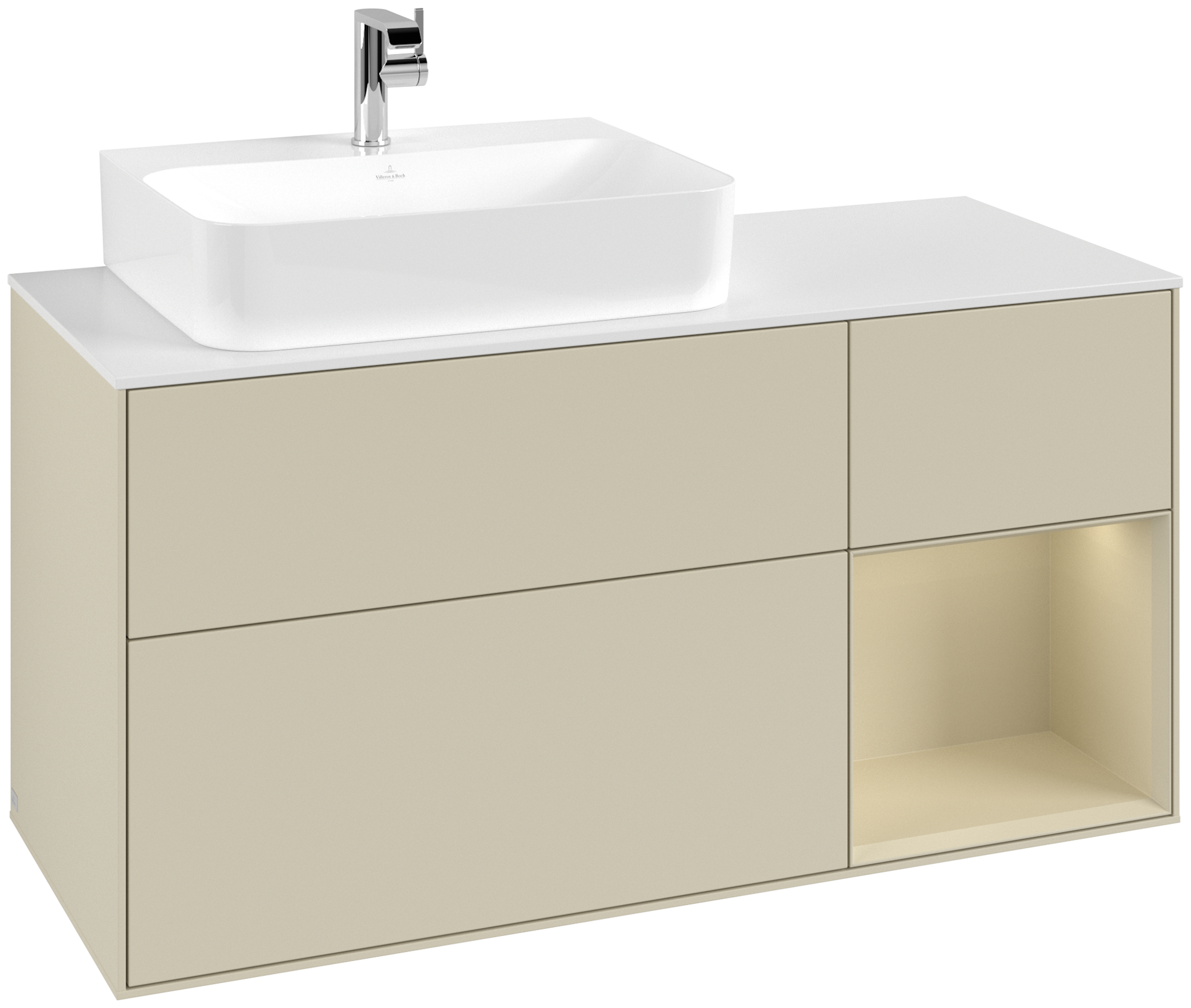 Villeroy & Boch Finion Meuble sous plan, avec éclairage, 3 tiroirs sur rails, 1200x603x501mm, Caisson: Silk Grey Matt Lacquer, Façade: Silk Grey Matt Lacquer, Élément d’étagère: Silk Grey Matt Lacquer, Plaque de recouvrement: Glass White Matt