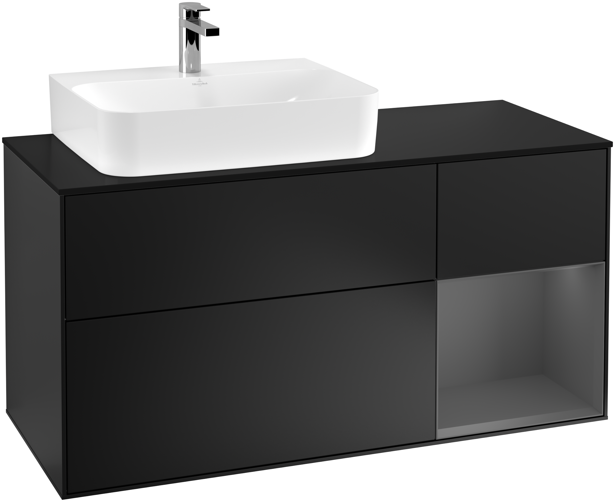 Villeroy & Boch Finion Vanity unit, with lighting, 3 pull-out compartments, 1200x603x501mm, Body: Black Matt Lacquer, Front: Black Matt Lacquer, Shelf: Anthracite Matt Lacquer, Cover plate: Glass Black Matt