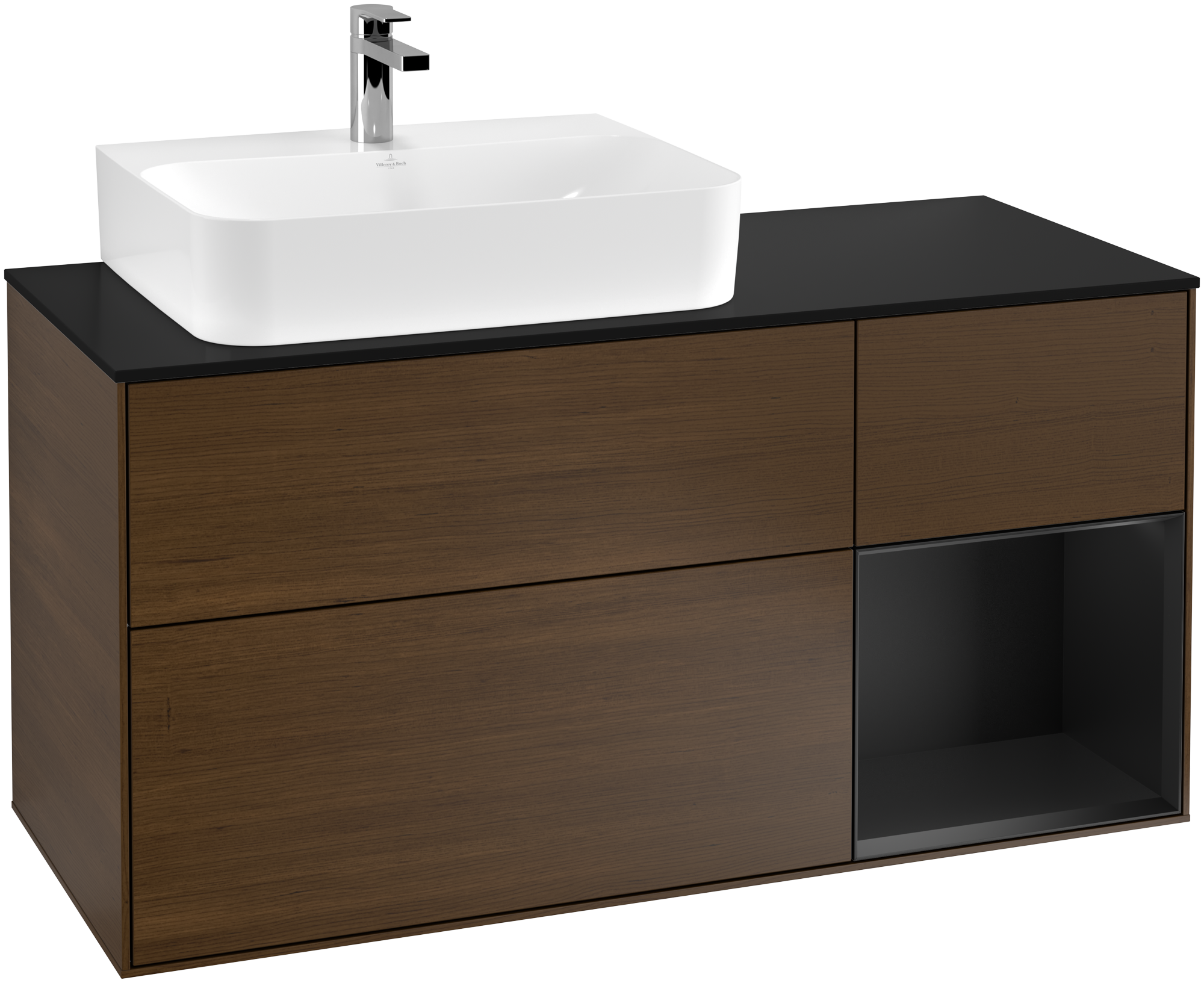 Villeroy & Boch Finion Meuble sous plan, avec éclairage, 3 tiroirs sur rails, 1200x603x501mm, Caisson: Walnut Veneer, Façade: Walnut Veneer, Élément d’étagère: Black Matt Lacquer, Plaque de recouvrement: Glass Black Matt