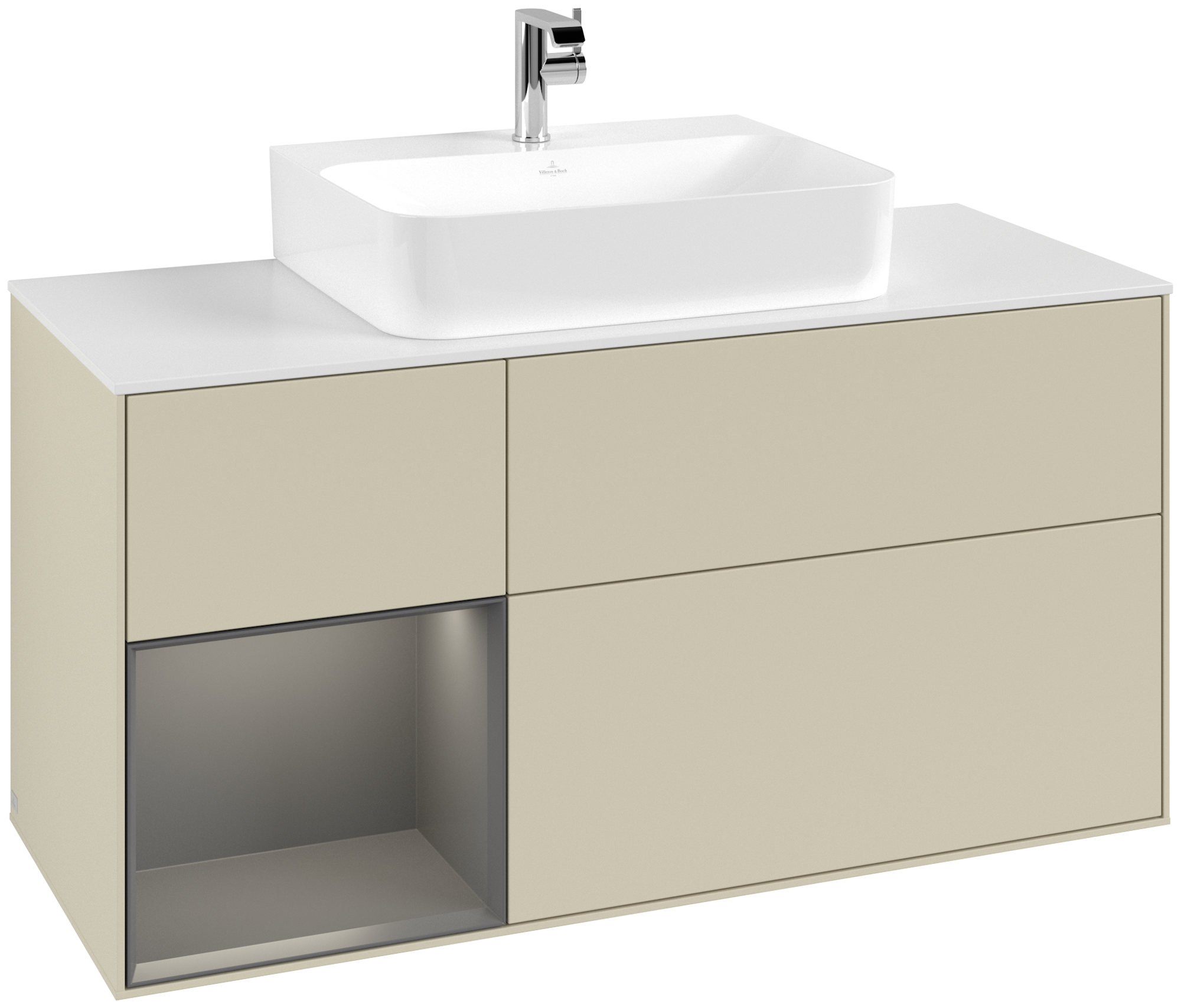 Villeroy & Boch Finion Meuble sous plan, avec éclairage, 3 tiroirs sur rails, 1200x603x501mm, Caisson: Silk Grey Matt Lacquer, Façade: Silk Grey Matt Lacquer, Élément d’étagère: Anthracite Matt Lacquer, Plaque de recouvrement: Glass White Matt