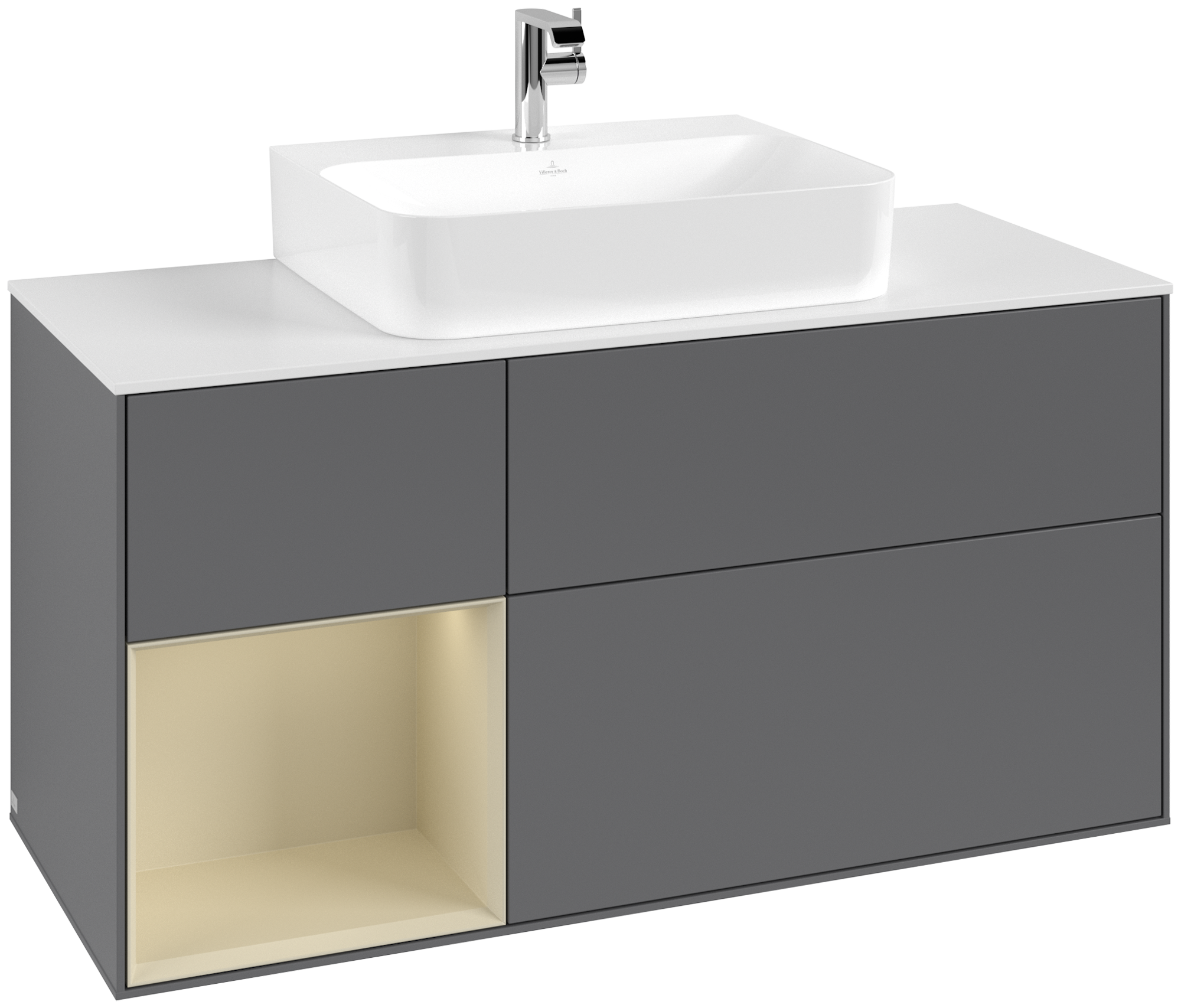 Villeroy & Boch Finion Meuble sous plan, avec éclairage, 3 tiroirs sur rails, 1200x603x501mm, Caisson: Anthracite Matt Lacquer, Façade: Anthracite Matt Lacquer, Élément d’étagère: Silk Grey Matt Lacquer, Plaque de recouvrement: Glass White Matt