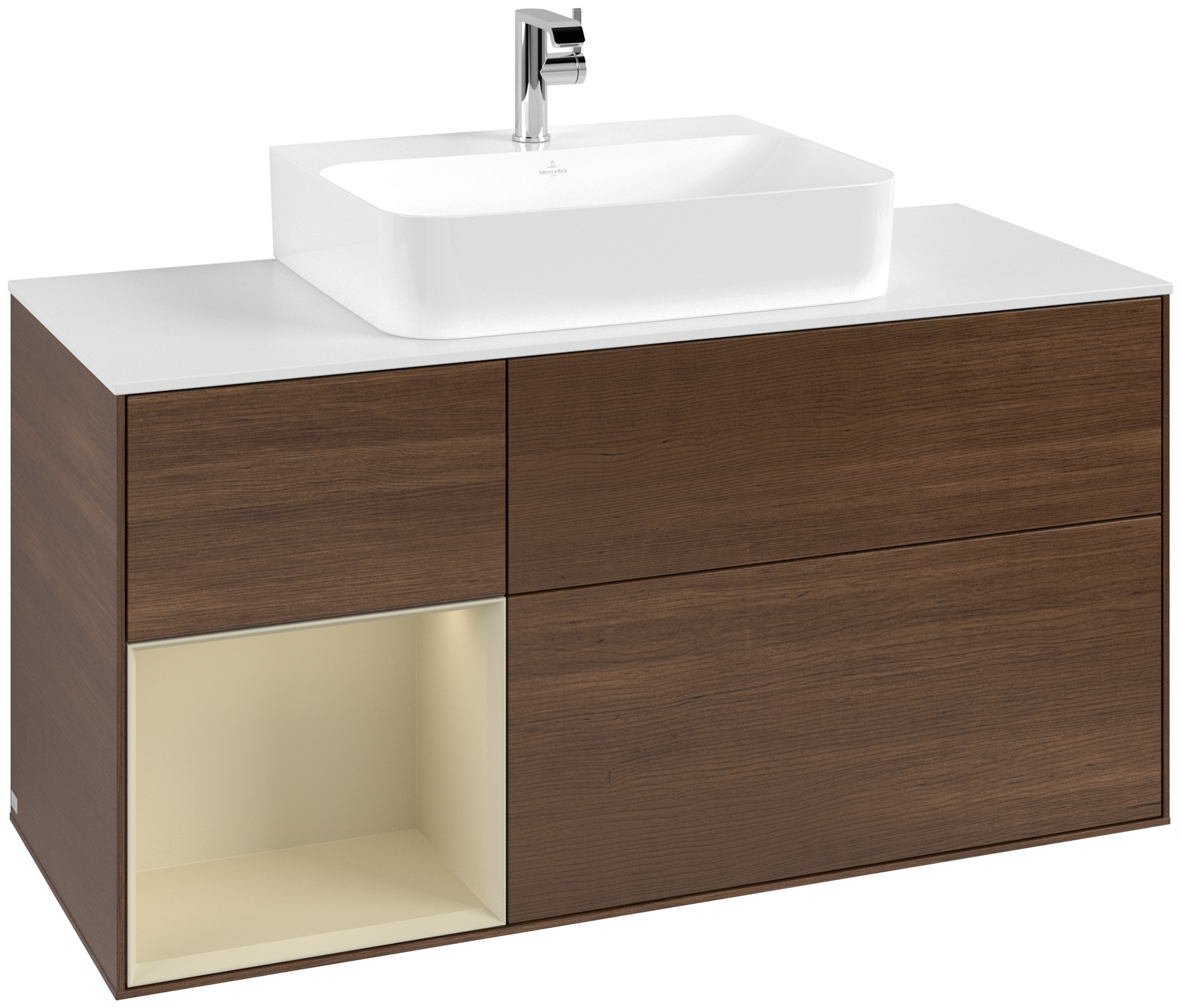 Villeroy & Boch Finion Meuble sous plan, avec éclairage, 3 tiroirs sur rails, 1200x603x501mm, Caisson: Walnut Veneer, Façade: Walnut Veneer, Élément d’étagère: Silk Grey Matt Lacquer, Plaque de recouvrement: Glass White Matt
