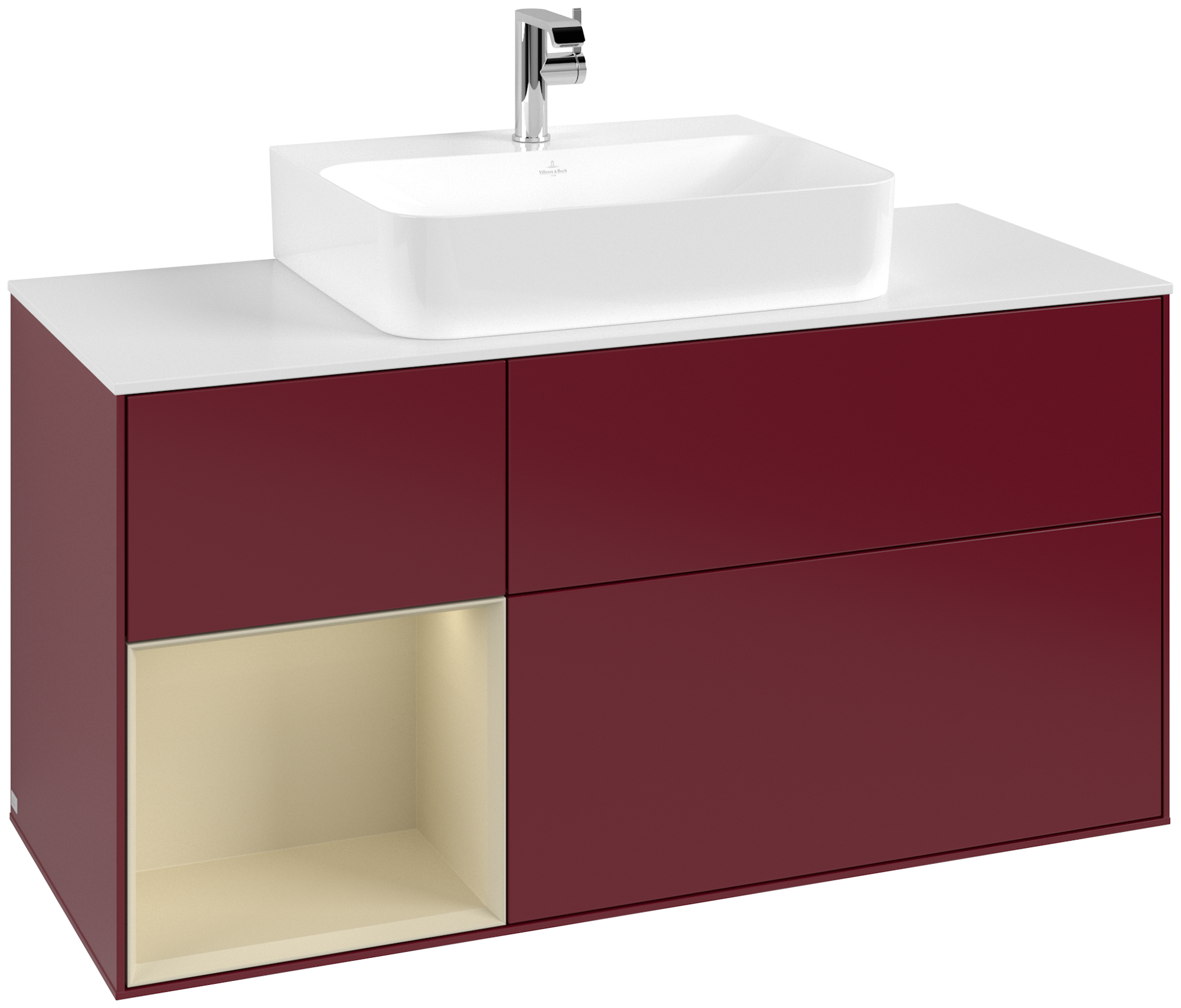 Villeroy & Boch Finion Meuble sous plan, avec éclairage, 3 tiroirs sur rails, 1200x603x501mm, Caisson: Peony Matt Lacquer, Façade: Peony Matt Lacquer, Élément d’étagère: Silk Grey Matt Lacquer, Plaque de recouvrement: Glass White Matt