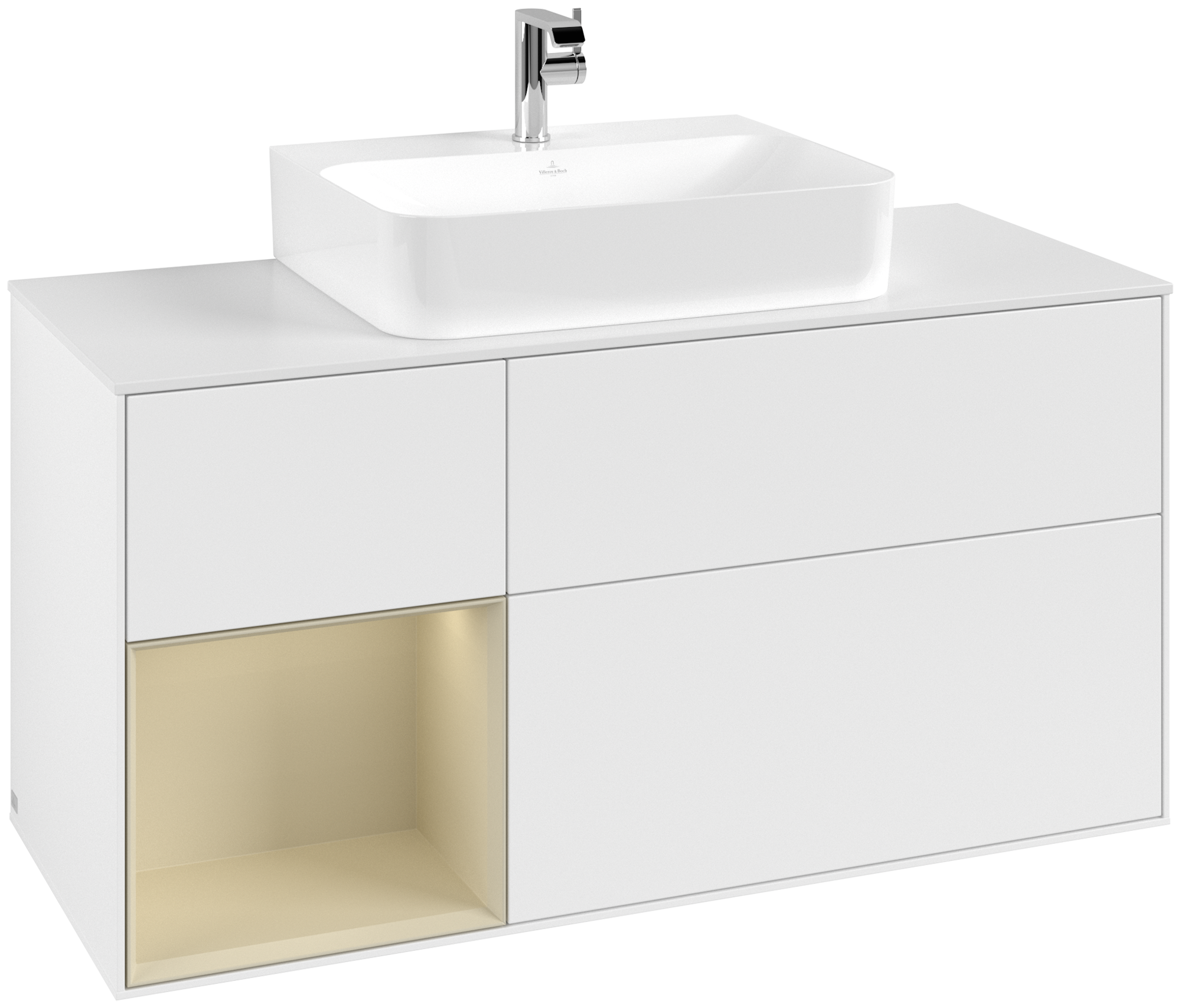 Villeroy & Boch Finion Meuble sous plan, avec éclairage, 3 tiroirs sur rails, 1200x603x501mm, Caisson: White Matt Lacquer, Façade: White Matt Lacquer, Élément d’étagère: Silk Grey Matt Lacquer, Plaque de recouvrement: Glass White Matt