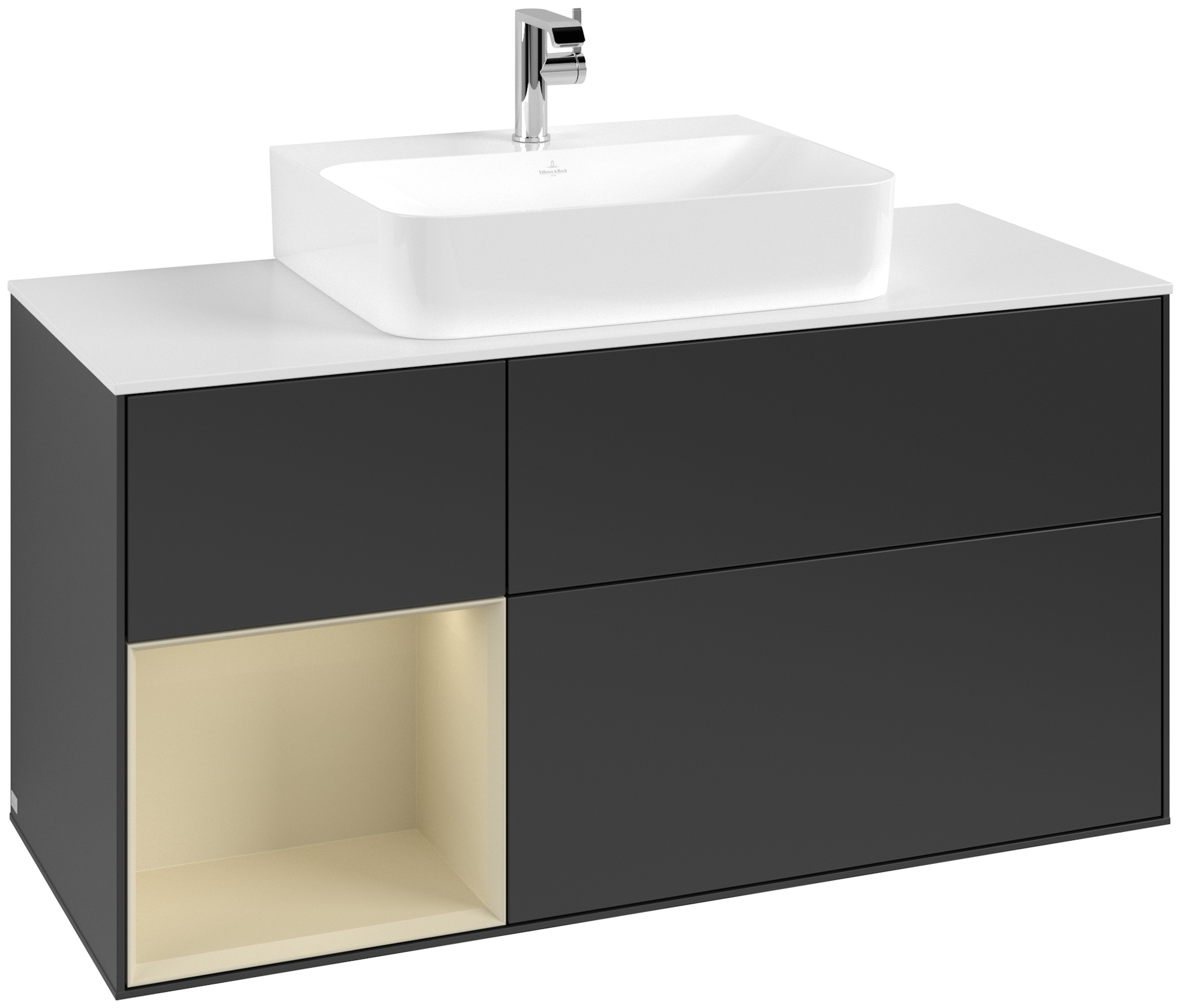 Villeroy & Boch Finion Meuble sous plan, avec éclairage, 3 tiroirs sur rails, 1200x603x501mm, Caisson: Black Matt Lacquer, Façade: Black Matt Lacquer, Élément d’étagère: Silk Grey Matt Lacquer, Plaque de recouvrement: Glass White Matt