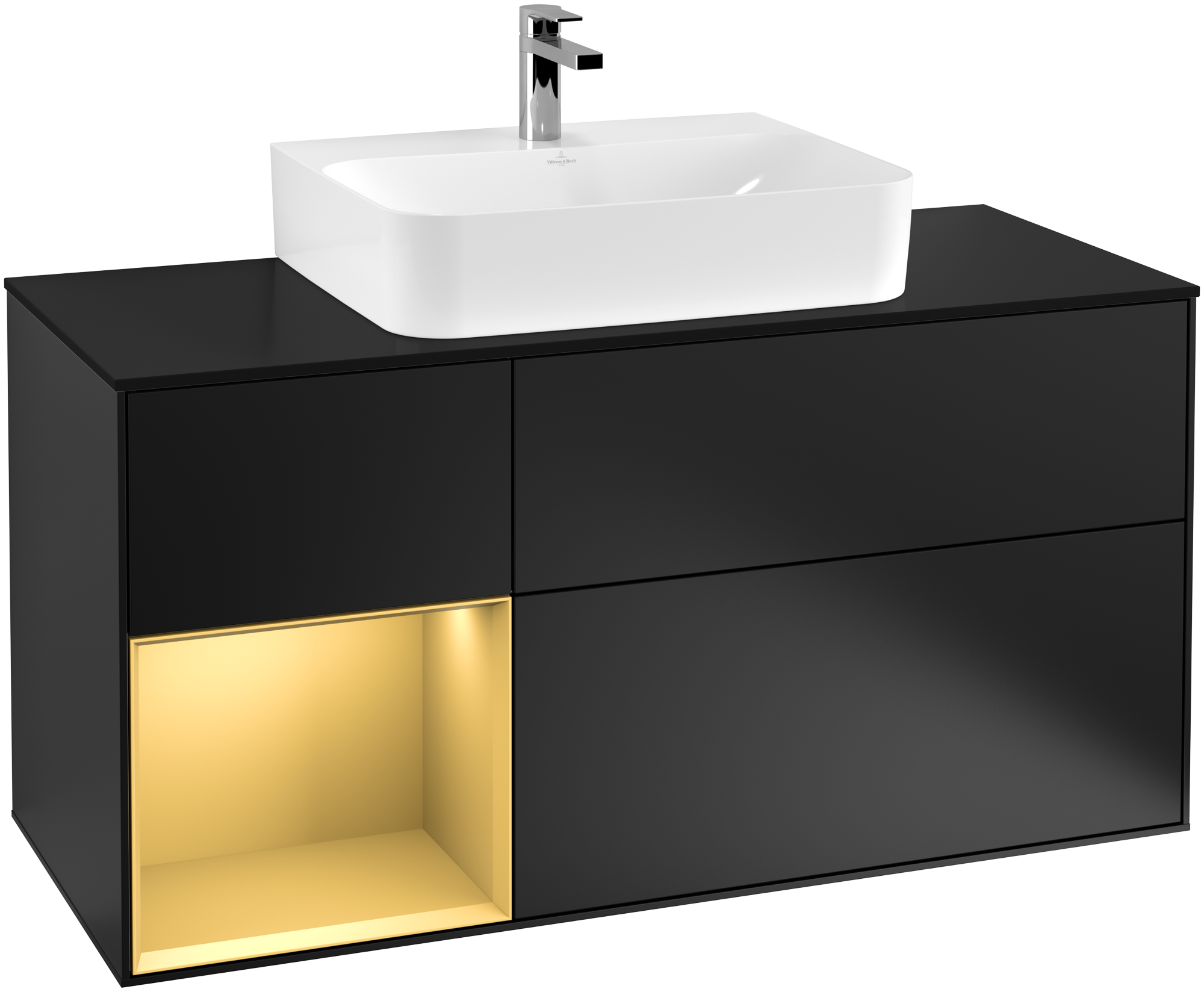 Villeroy & Boch Finion Waschbeckenunterschrank, mit Beleuchtung, 3 Auszüge, 1200x603x501mm, Korpus: Black Matt Lacquer, Front: Black Matt Lacquer, Regalelement: Gold Matt Lacquer, Abdeckplatte: Glass Black Matt