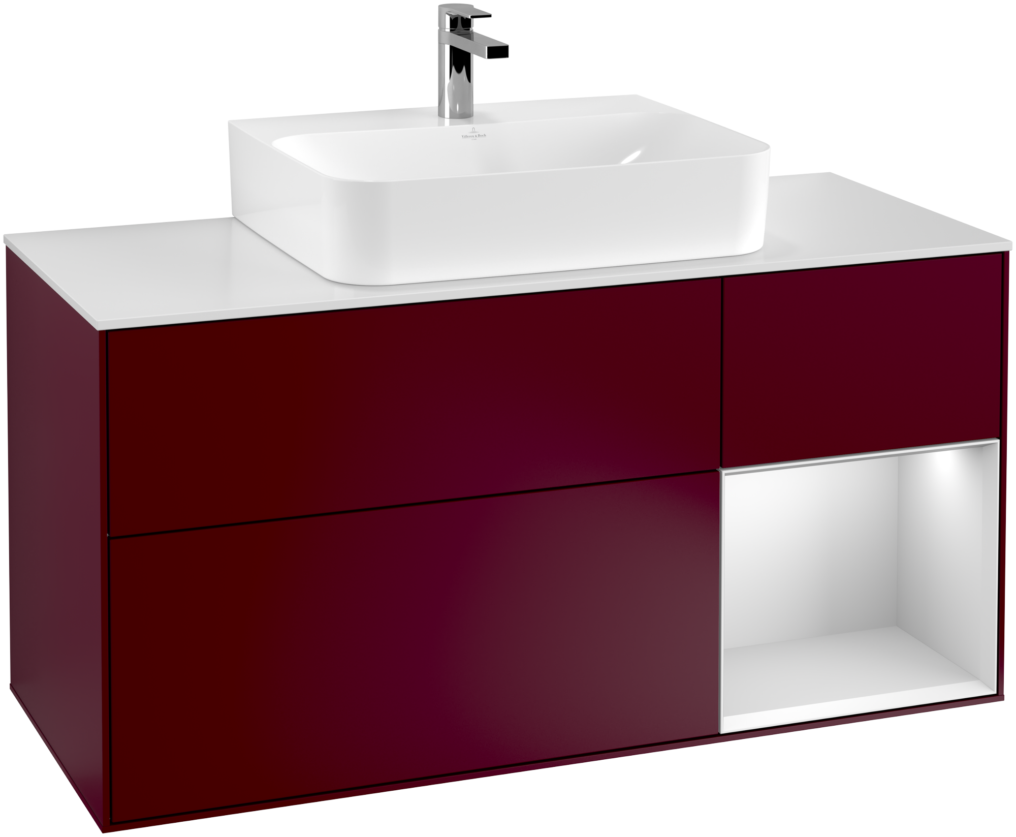 Villeroy & Boch Finion Vanity unit, with lighting, 3 pull-out compartments, 1200x603x501mm, Body: Peony Matt Lacquer, Front: Peony Matt Lacquer, Shelf: White Matt Lacquer, Cover plate: Glass White Matt