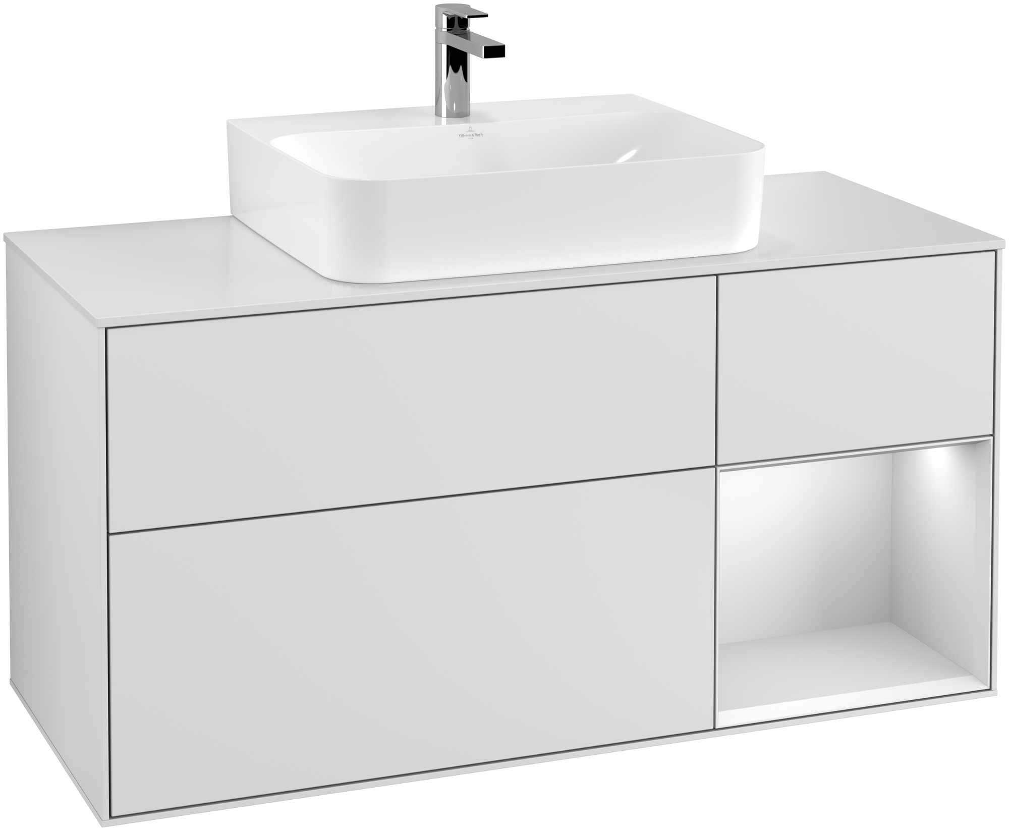 Villeroy & Boch Finion Vanity unit, with lighting, 3 pull-out compartments, 1200x603x501mm, Body: White Matt Lacquer, Front: White Matt Lacquer, Shelf: White Matt Lacquer, Cover plate: Glass White Matt