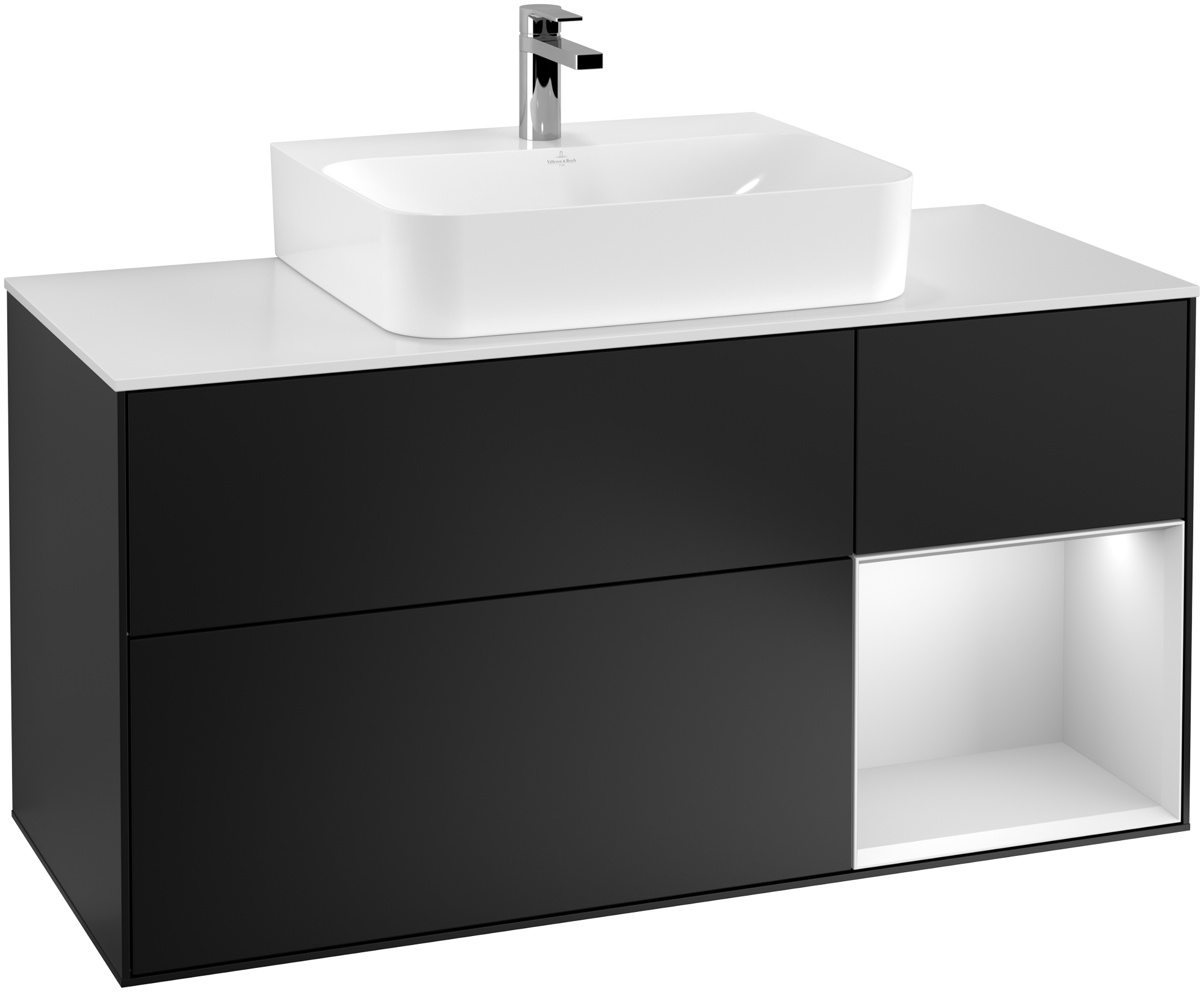 Villeroy & Boch Finion Vanity unit, with lighting, 3 pull-out compartments, 1200x603x501mm, Body: Black Matt Lacquer, Front: Black Matt Lacquer, Shelf: White Matt Lacquer, Cover plate: Glass White Matt
