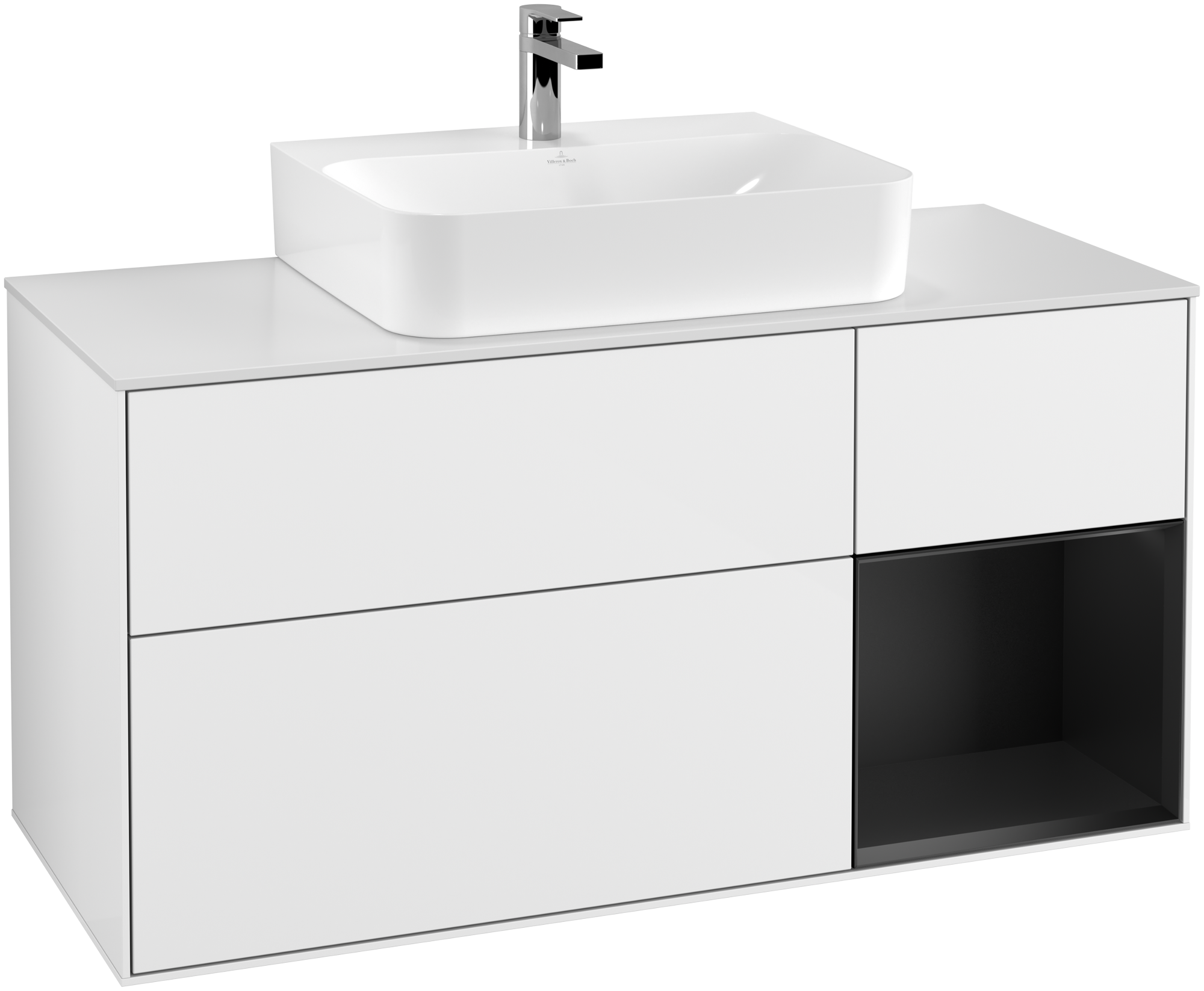 Villeroy & Boch Finion Vanity unit, with lighting, 3 pull-out compartments, 1200x603x501mm, Body: Glossy White Lacquer, Front: Glossy White Lacquer, Shelf: Black Matt Lacquer, Cover plate: Glass White Matt