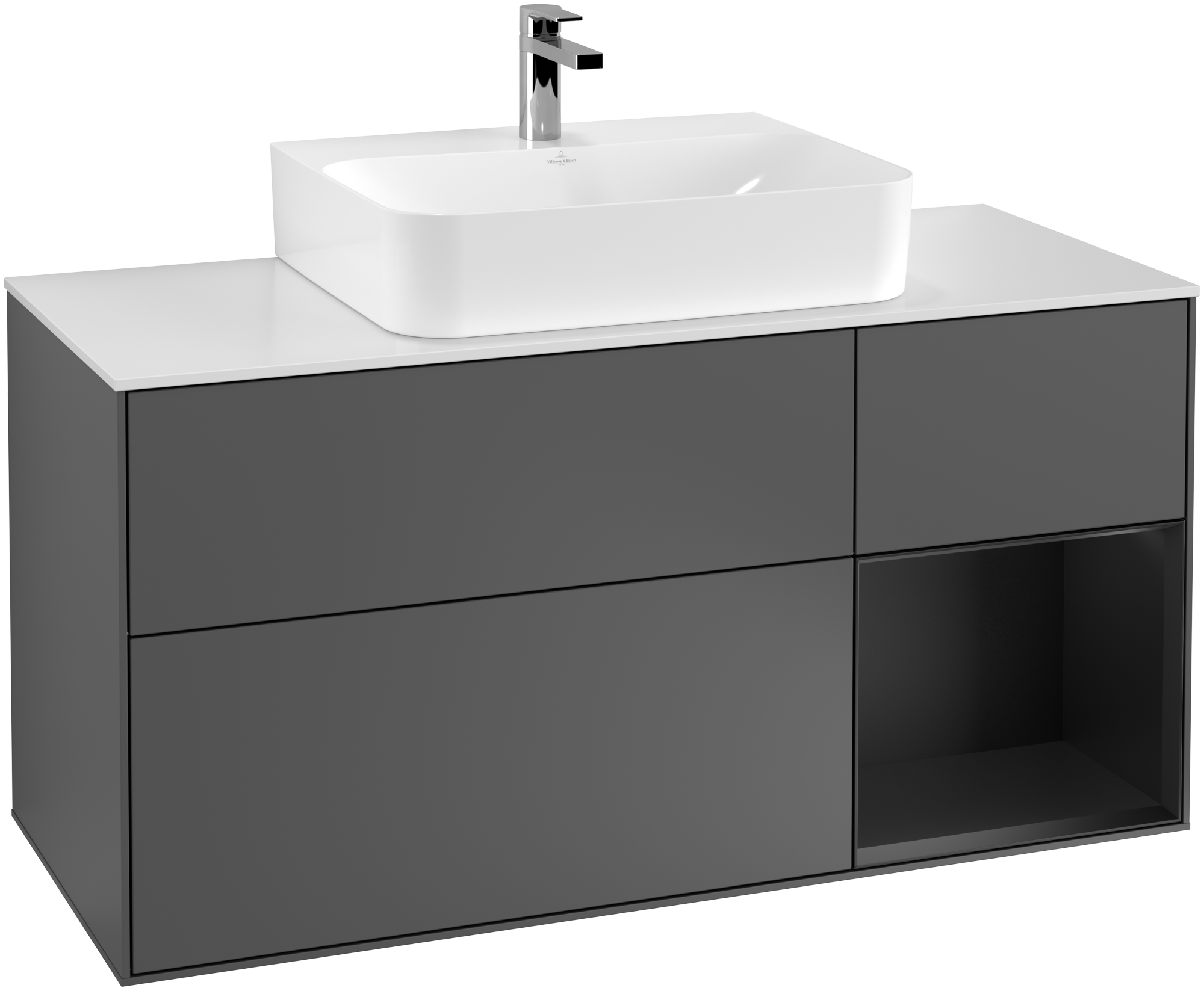 Villeroy & Boch Finion Vanity unit, with lighting, 3 pull-out compartments, 1200x603x501mm, Body: Anthracite Matt Lacquer, Front: Anthracite Matt Lacquer, Shelf: Black Matt Lacquer, Cover plate: Glass White Matt