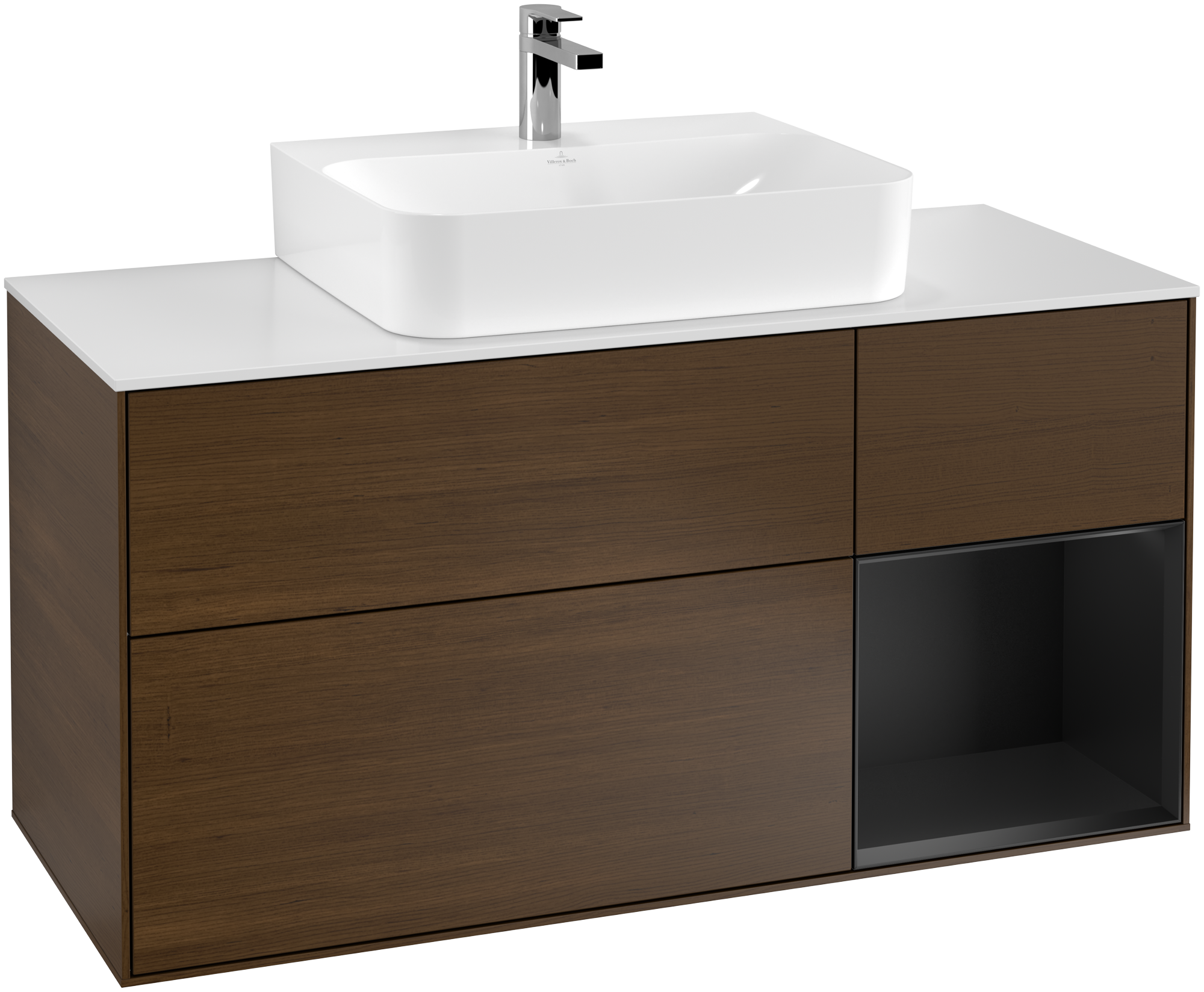 Villeroy & Boch Finion Vanity unit, with lighting, 3 pull-out compartments, 1200x603x501mm, Body: Walnut Veneer, Front: Walnut Veneer, Shelf: Black Matt Lacquer, Cover plate: Glass White Matt