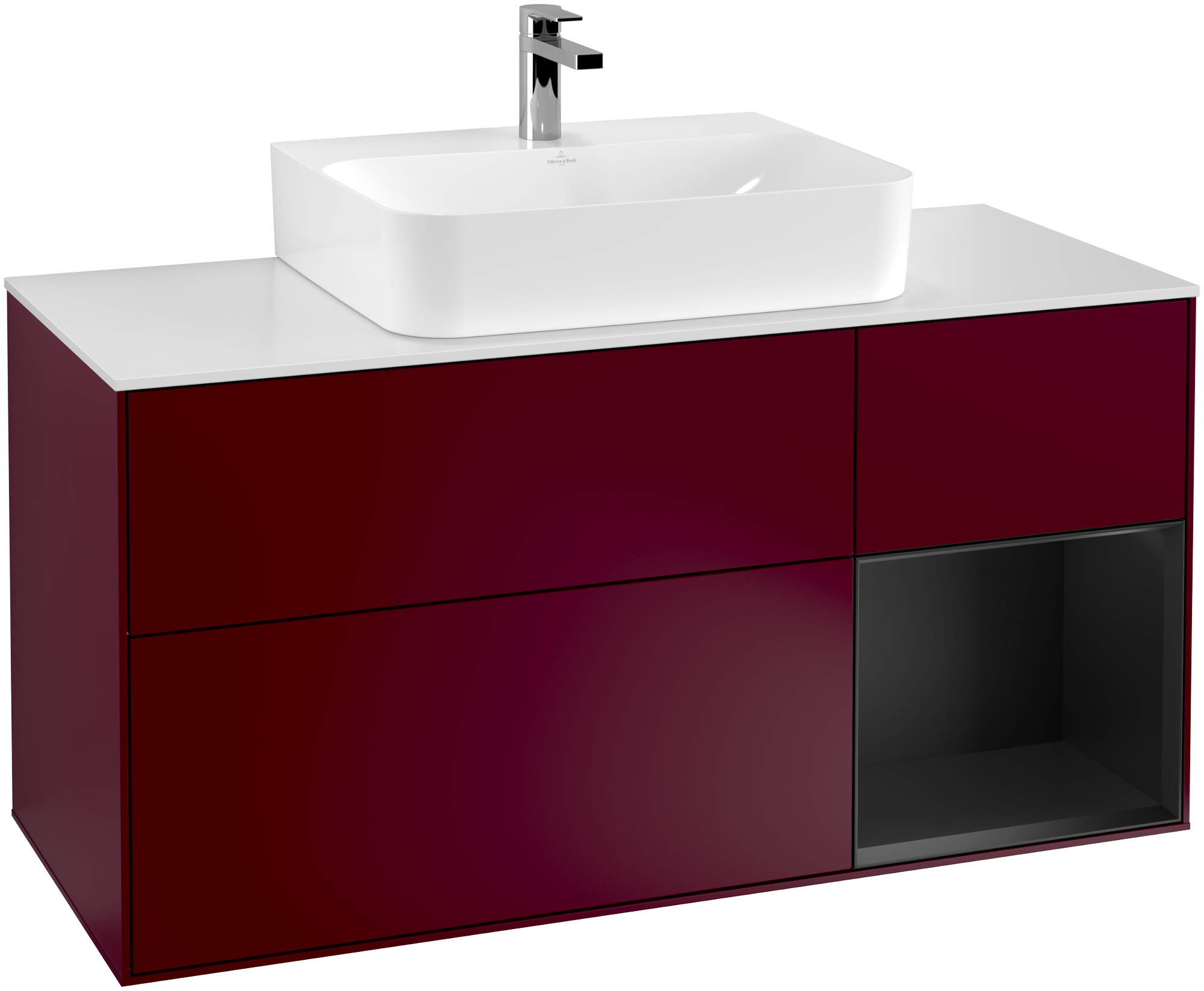 Villeroy & Boch Finion Vanity unit, with lighting, 3 pull-out compartments, 1200x603x501mm, Body: Peony Matt Lacquer, Front: Peony Matt Lacquer, Shelf: Black Matt Lacquer, Cover plate: Glass White Matt