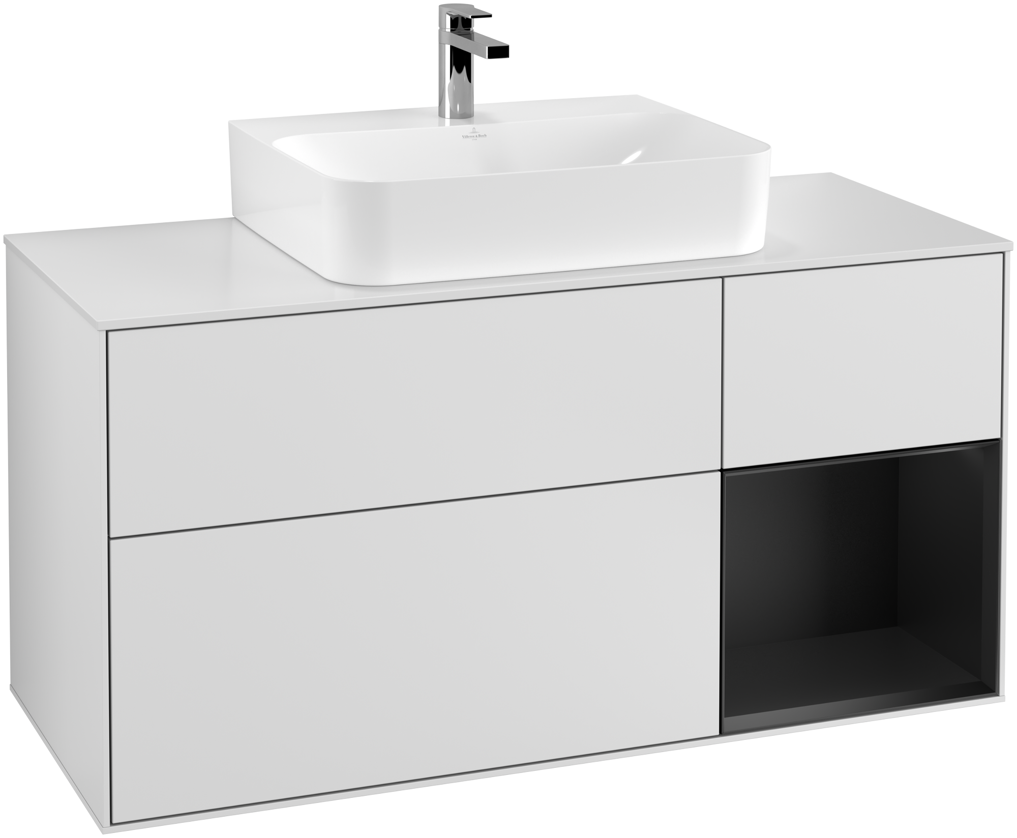 Villeroy & Boch Finion Vanity unit, with lighting, 3 pull-out compartments, 1200x603x501mm, Body: White Matt Lacquer, Front: White Matt Lacquer, Shelf: Black Matt Lacquer, Cover plate: Glass White Matt