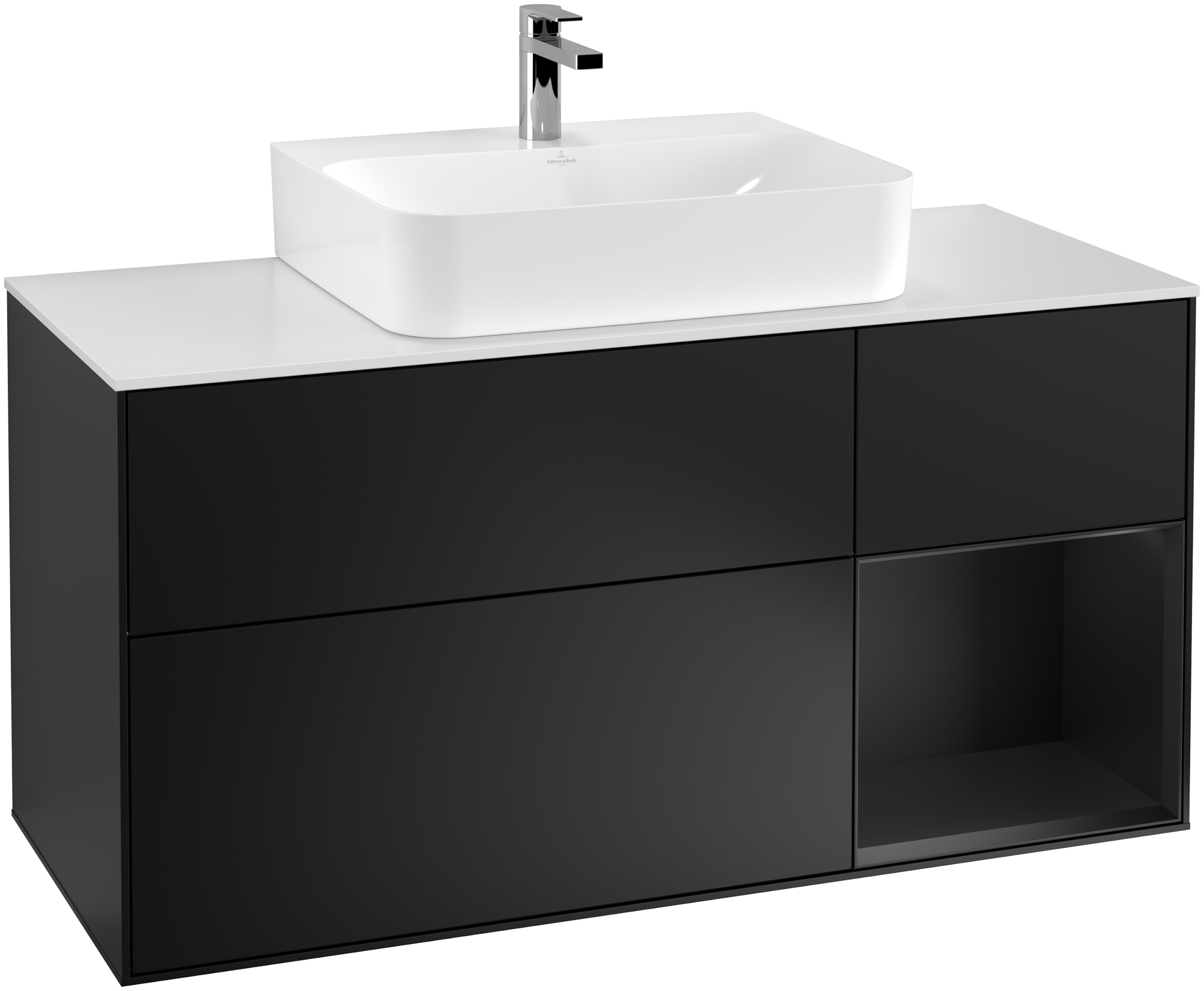 Villeroy & Boch Finion Vanity unit, with lighting, 3 pull-out compartments, 1200x603x501mm, Body: Black Matt Lacquer, Front: Black Matt Lacquer, Shelf: Black Matt Lacquer, Cover plate: Glass White Matt