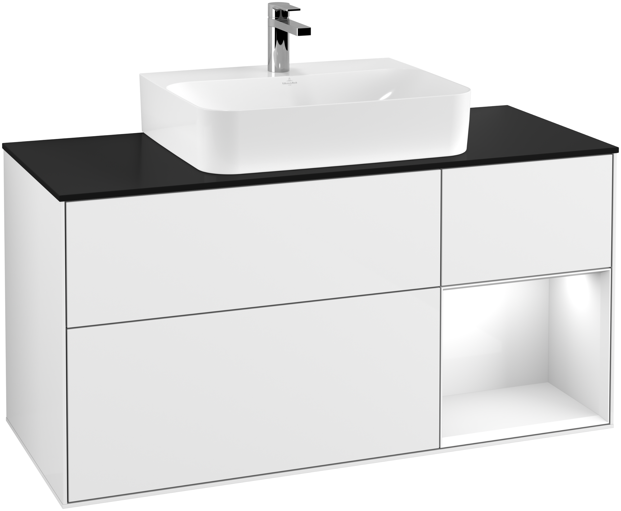 Villeroy & Boch Finion Vanity unit, with lighting, 3 pull-out compartments, 1200x603x501mm, Body: Glossy White Lacquer, Front: Glossy White Lacquer, Shelf: Glossy White Lacquer, Cover plate: Glass Black Matt