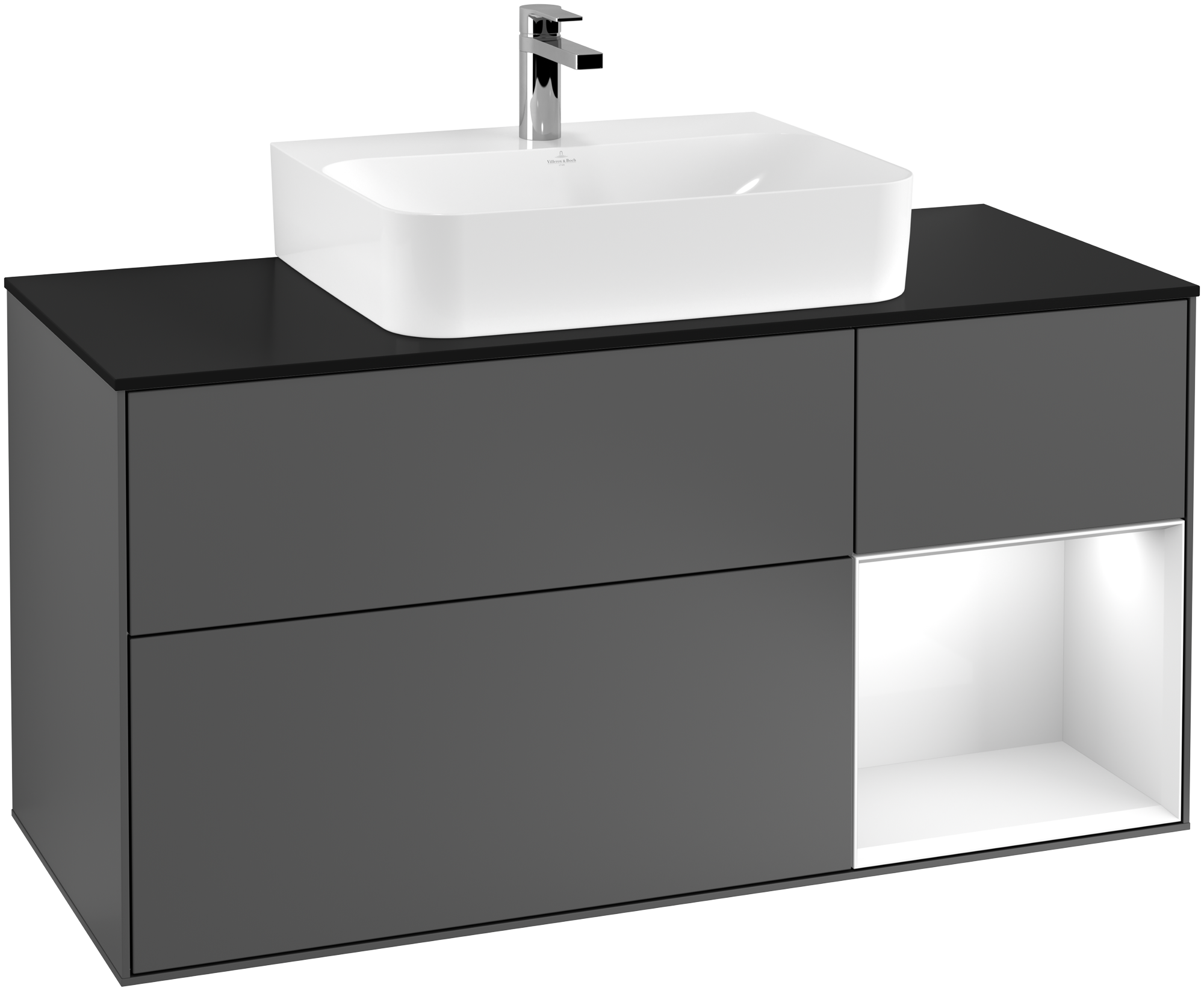 Villeroy & Boch Finion Vanity unit, with lighting, 3 pull-out compartments, 1200x603x501mm, Body: Anthracite Matt Lacquer, Front: Anthracite Matt Lacquer, Shelf: Glossy White Lacquer, Cover plate: Glass Black Matt