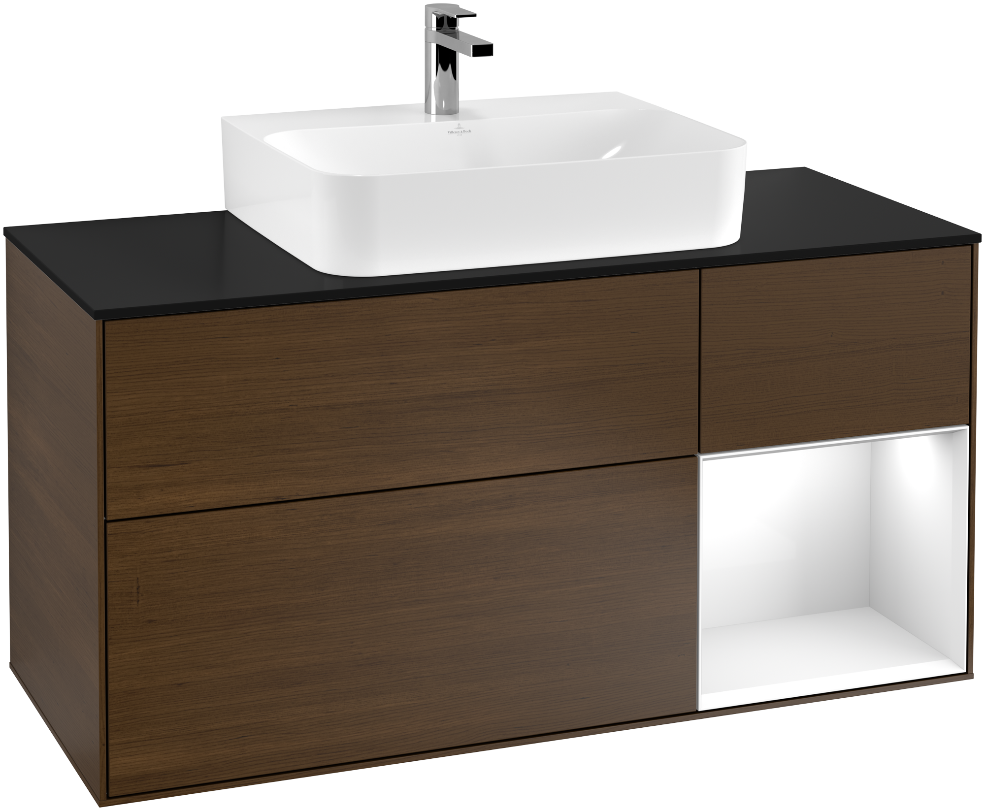 Villeroy & Boch Finion Vanity unit, with lighting, 3 pull-out compartments, 1200x603x501mm, Body: Walnut Veneer, Front: Walnut Veneer, Shelf: Glossy White Lacquer, Cover plate: Glass Black Matt