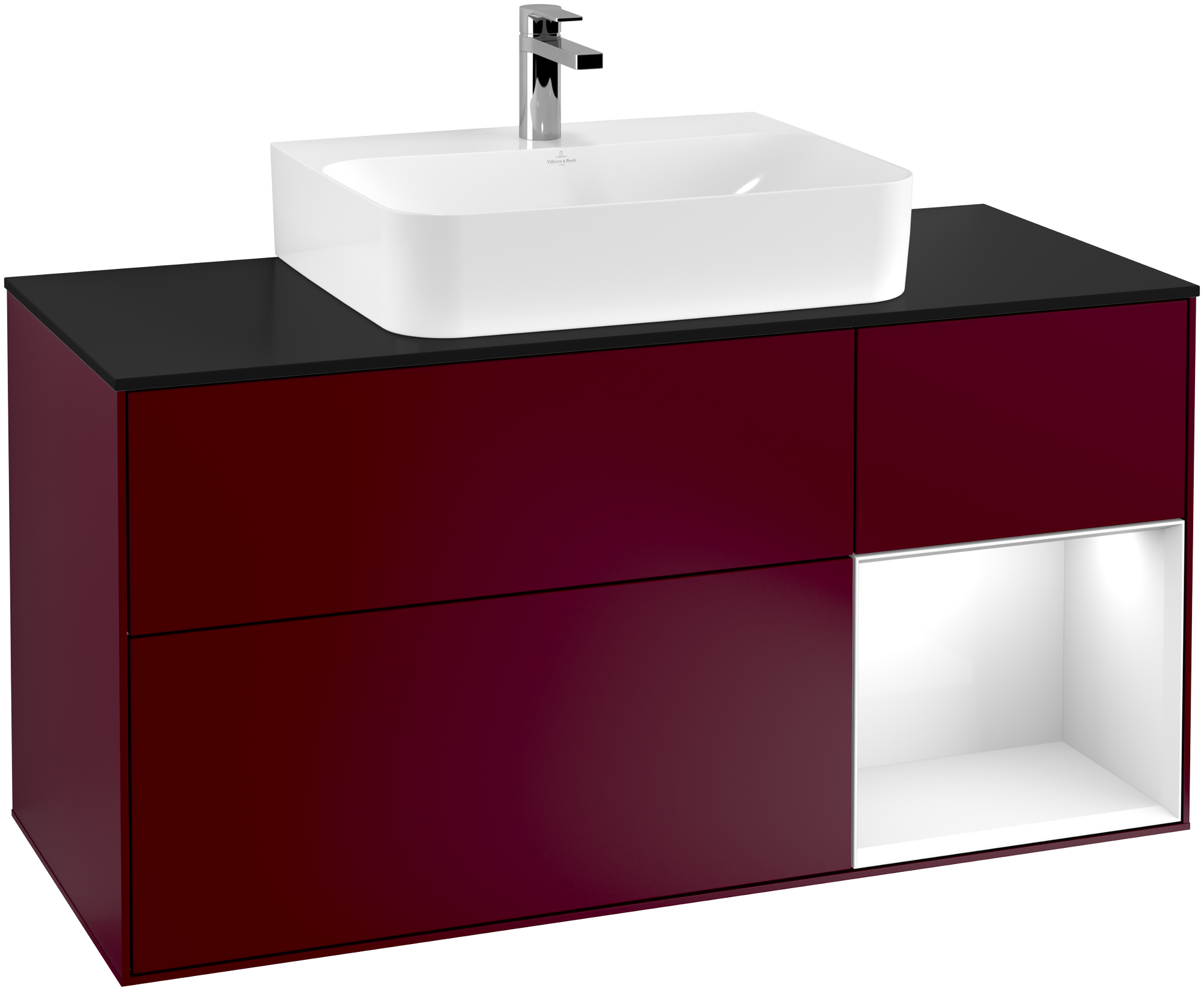 Villeroy & Boch Finion Vanity unit, with lighting, 3 pull-out compartments, 1200x603x501mm, Body: Peony Matt Lacquer, Front: Peony Matt Lacquer, Shelf: Glossy White Lacquer, Cover plate: Glass Black Matt