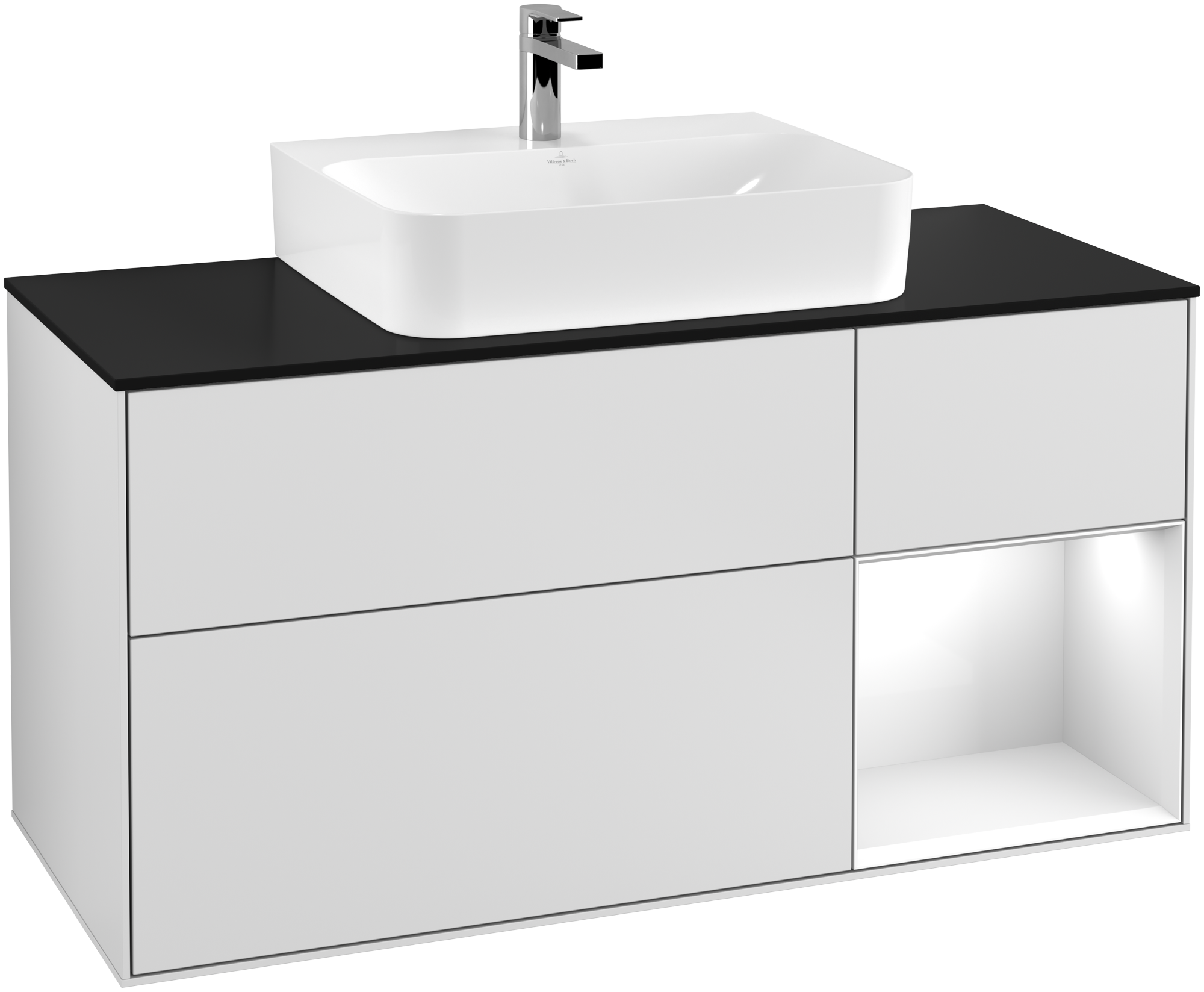 Villeroy & Boch Finion Vanity unit, with lighting, 3 pull-out compartments, 1200x603x501mm, Body: White Matt Lacquer, Front: White Matt Lacquer, Shelf: Glossy White Lacquer, Cover plate: Glass Black Matt