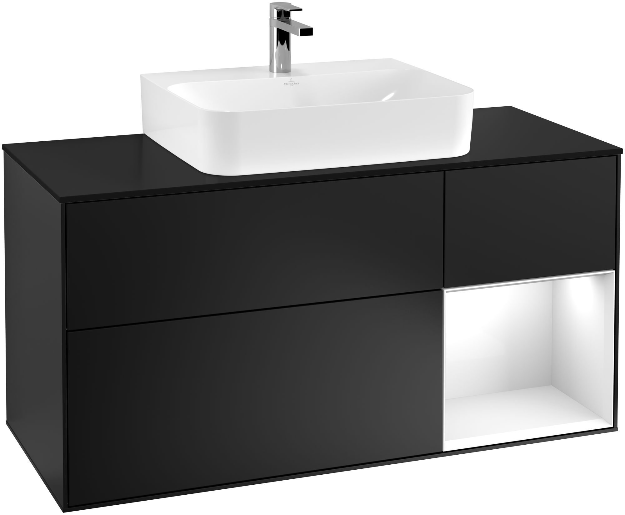 Villeroy & Boch Finion Vanity unit, with lighting, 3 pull-out compartments, 1200x603x501mm, Body: Black Matt Lacquer, Front: Black Matt Lacquer, Shelf: Glossy White Lacquer, Cover plate: Glass Black Matt