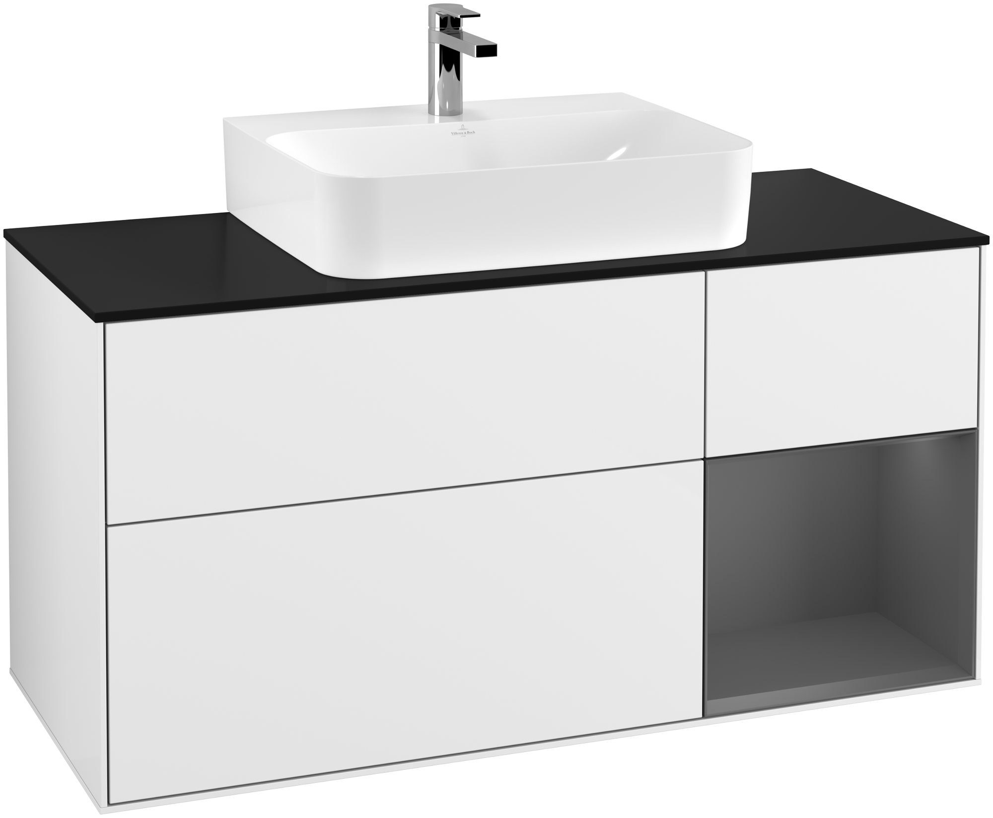 Villeroy & Boch Finion Vanity unit, with lighting, 3 pull-out compartments, 1200x603x501mm, Body: Glossy White Lacquer, Front: Glossy White Lacquer, Shelf: Anthracite Matt Lacquer, Cover plate: Glass Black Matt