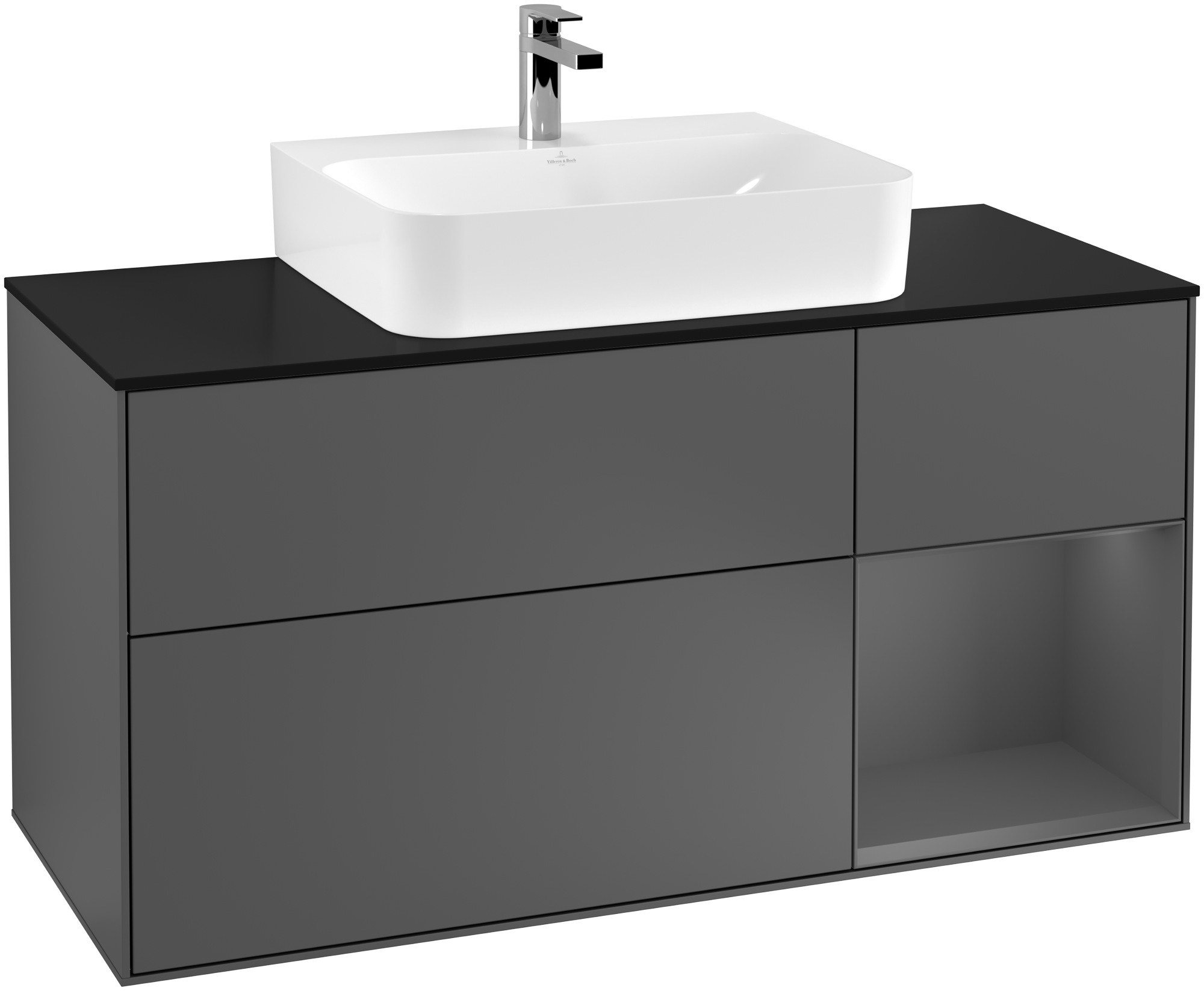 Villeroy & Boch Finion Vanity unit, with lighting, 3 pull-out compartments, 1200x603x501mm, Body: Anthracite Matt Lacquer, Front: Anthracite Matt Lacquer, Shelf: Anthracite Matt Lacquer, Cover plate: Glass Black Matt