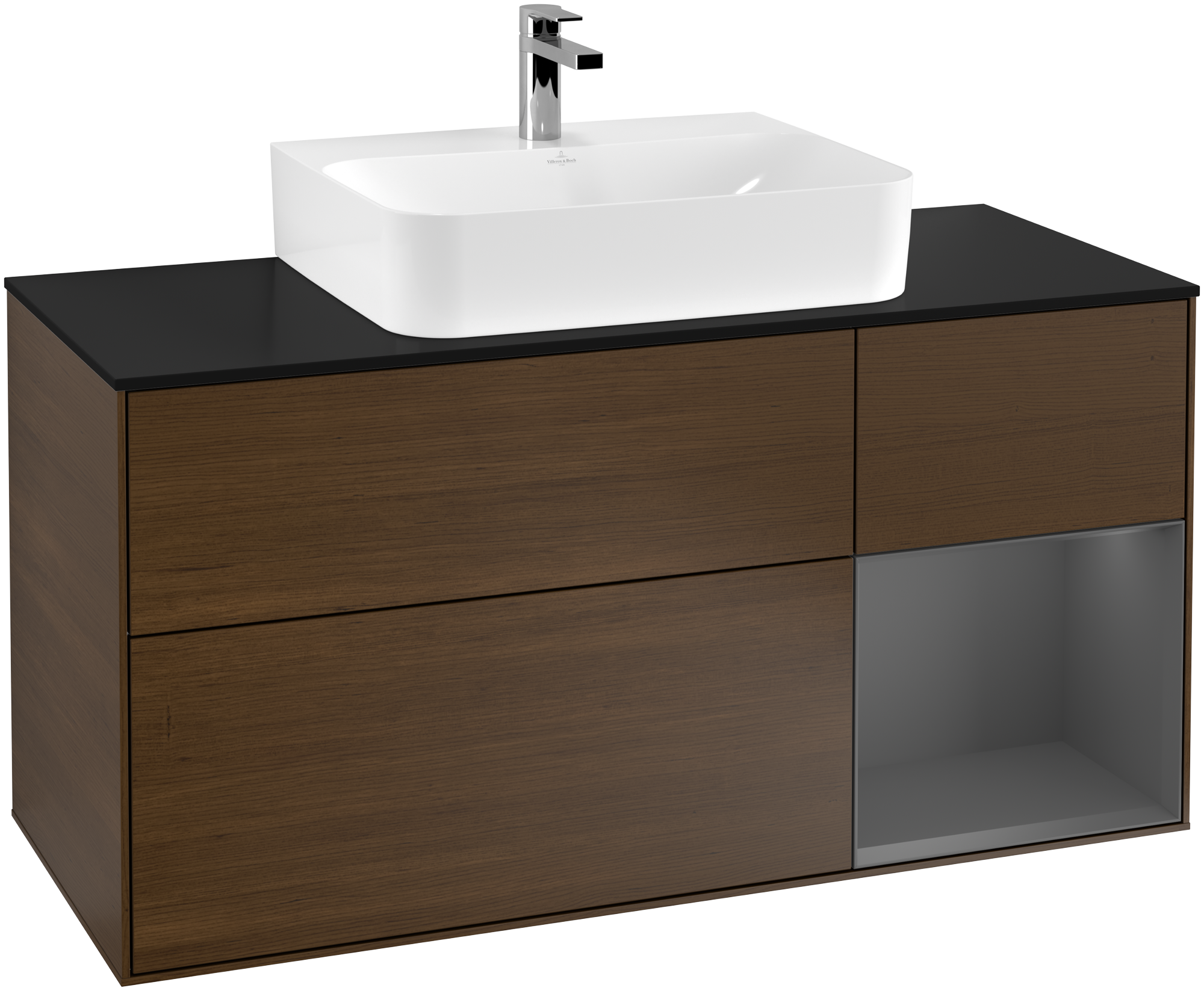 Villeroy & Boch Finion Vanity unit, with lighting, 3 pull-out compartments, 1200x603x501mm, Body: Walnut Veneer, Front: Walnut Veneer, Shelf: Anthracite Matt Lacquer, Cover plate: Glass Black Matt