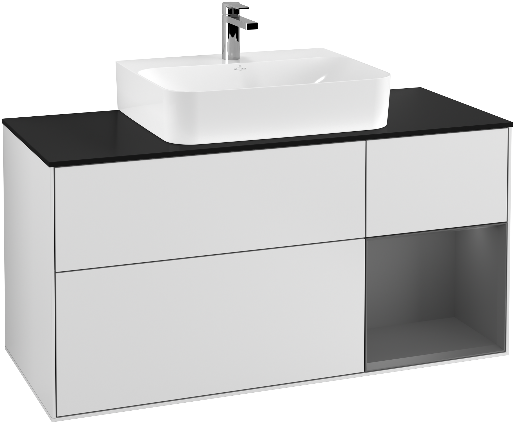 Villeroy & Boch Finion Vanity unit, with lighting, 3 pull-out compartments, 1200x603x501mm, Body: White Matt Lacquer, Front: White Matt Lacquer, Shelf: Anthracite Matt Lacquer, Cover plate: Glass Black Matt