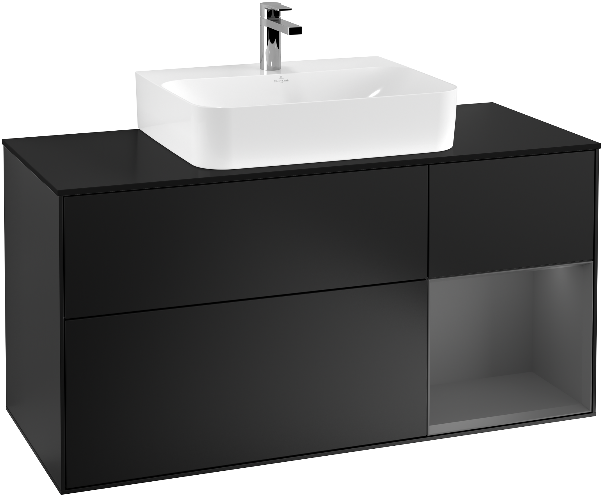 Villeroy & Boch Finion Vanity unit, with lighting, 3 pull-out compartments, 1200x603x501mm, Body: Black Matt Lacquer, Front: Black Matt Lacquer, Shelf: Anthracite Matt Lacquer, Cover plate: Glass Black Matt