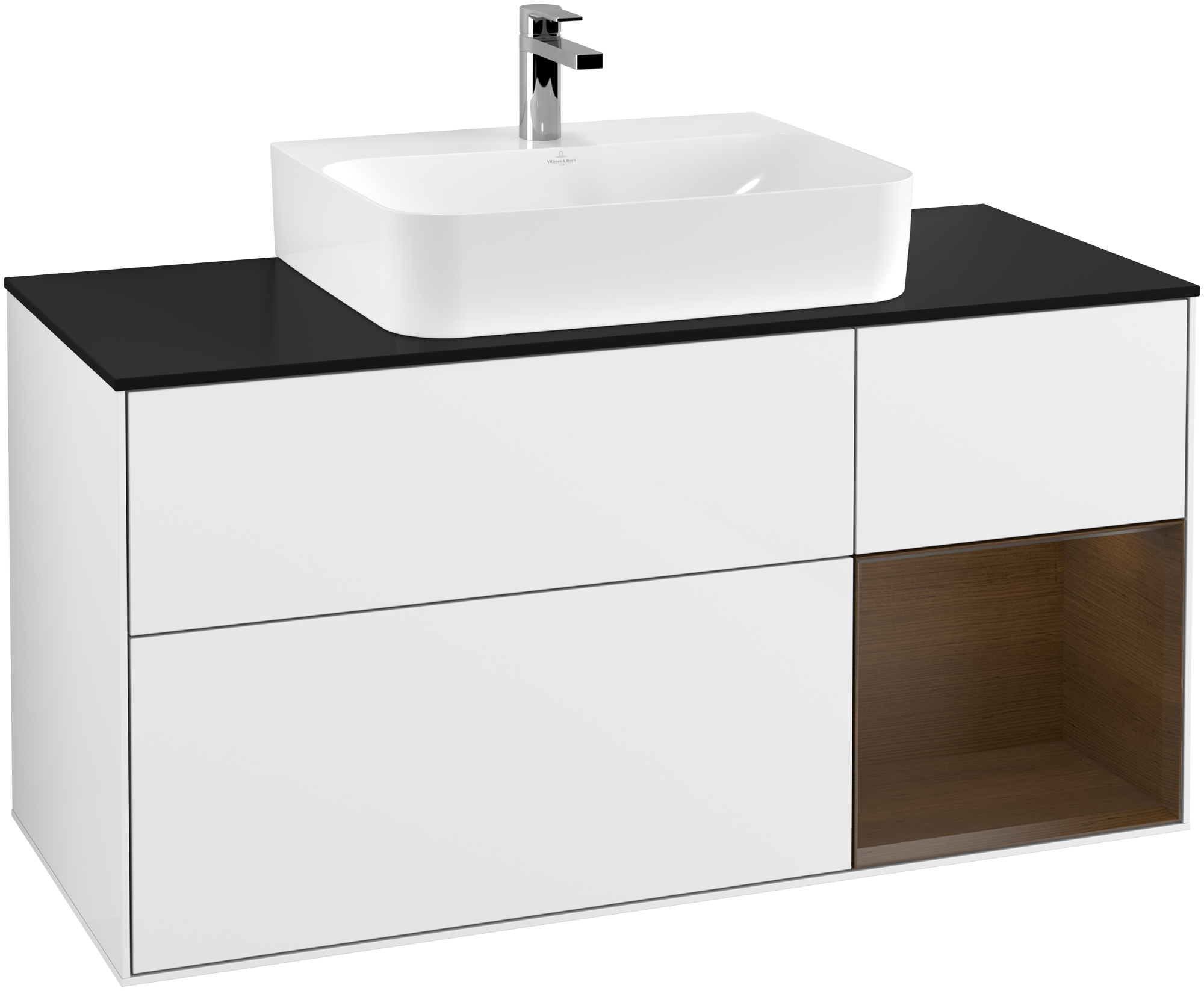 Villeroy & Boch Finion Vanity unit, with lighting, 3 pull-out compartments, 1200x603x501mm, Body: Glossy White Lacquer, Front: Glossy White Lacquer, Shelf: Walnut Veneer, Cover plate: Glass Black Matt