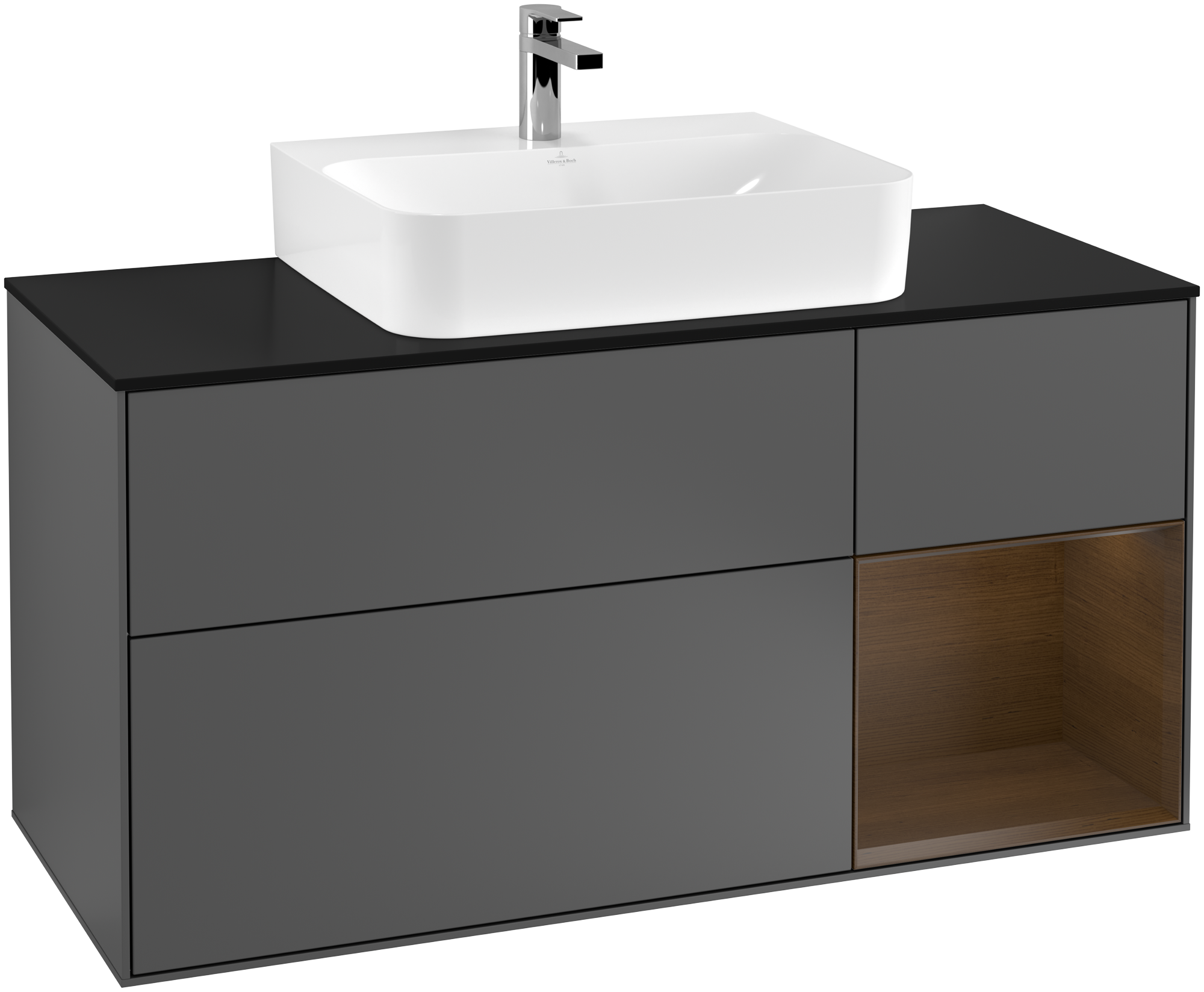 Villeroy & Boch Finion Vanity unit, with lighting, 3 pull-out compartments, 1200x603x501mm, Body: Anthracite Matt Lacquer, Front: Anthracite Matt Lacquer, Shelf: Walnut Veneer, Cover plate: Glass Black Matt